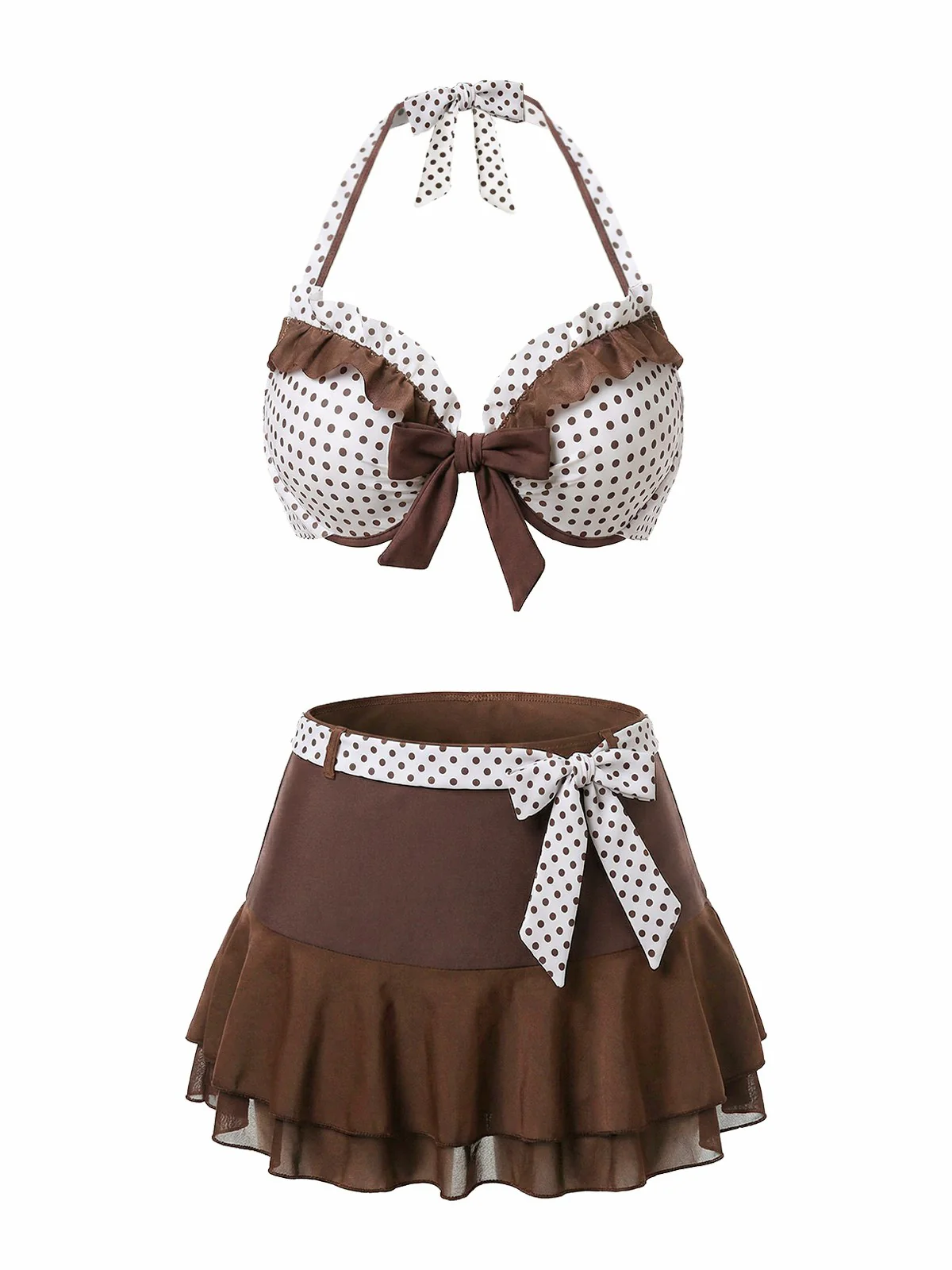 Braun 1970er Tupfen Rüschen Halter Bikini Set & Cover-Up - Image 3