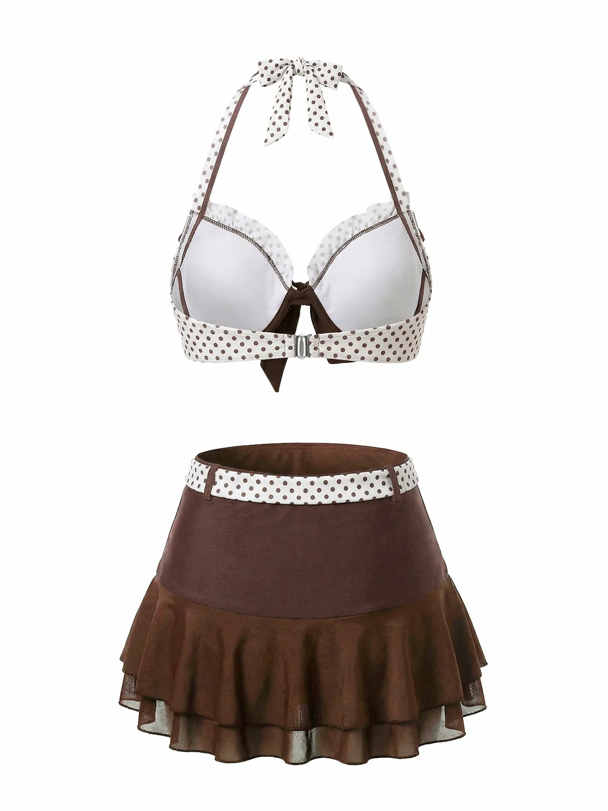 Braun 1970er Tupfen Rüschen Halter Bikini Set & Cover-Up - Image 4
