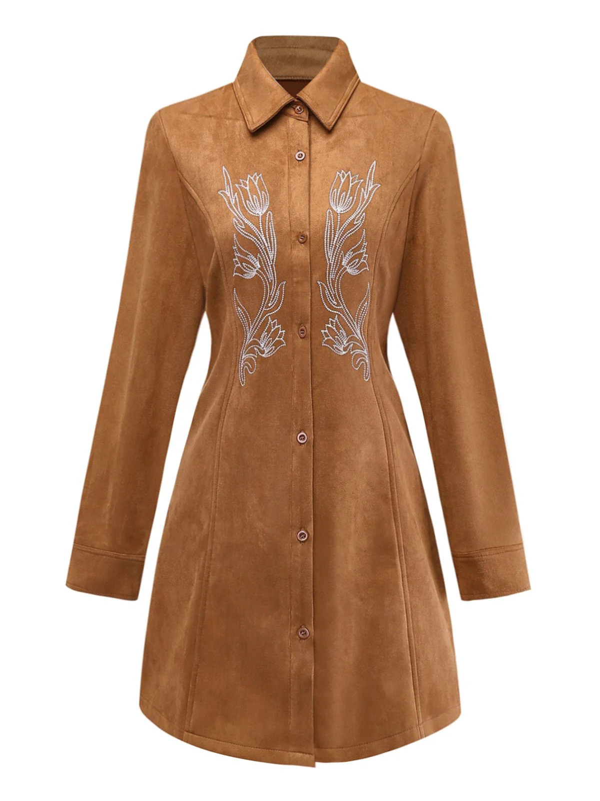 Braun 1970er Revers Blumen Besticktes Kunstwildleder Kleid - Image 2