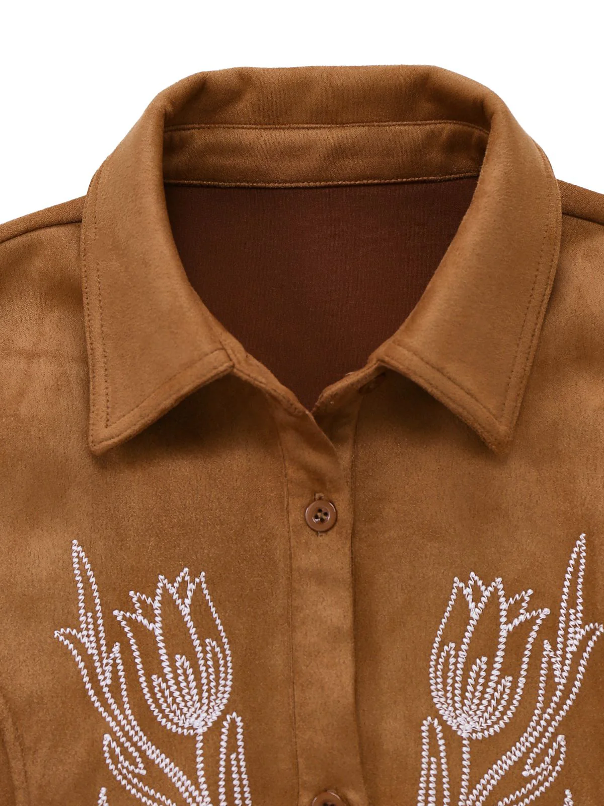 Braun 1970er Revers Blumen Besticktes Kunstwildleder Kleid - Image 4