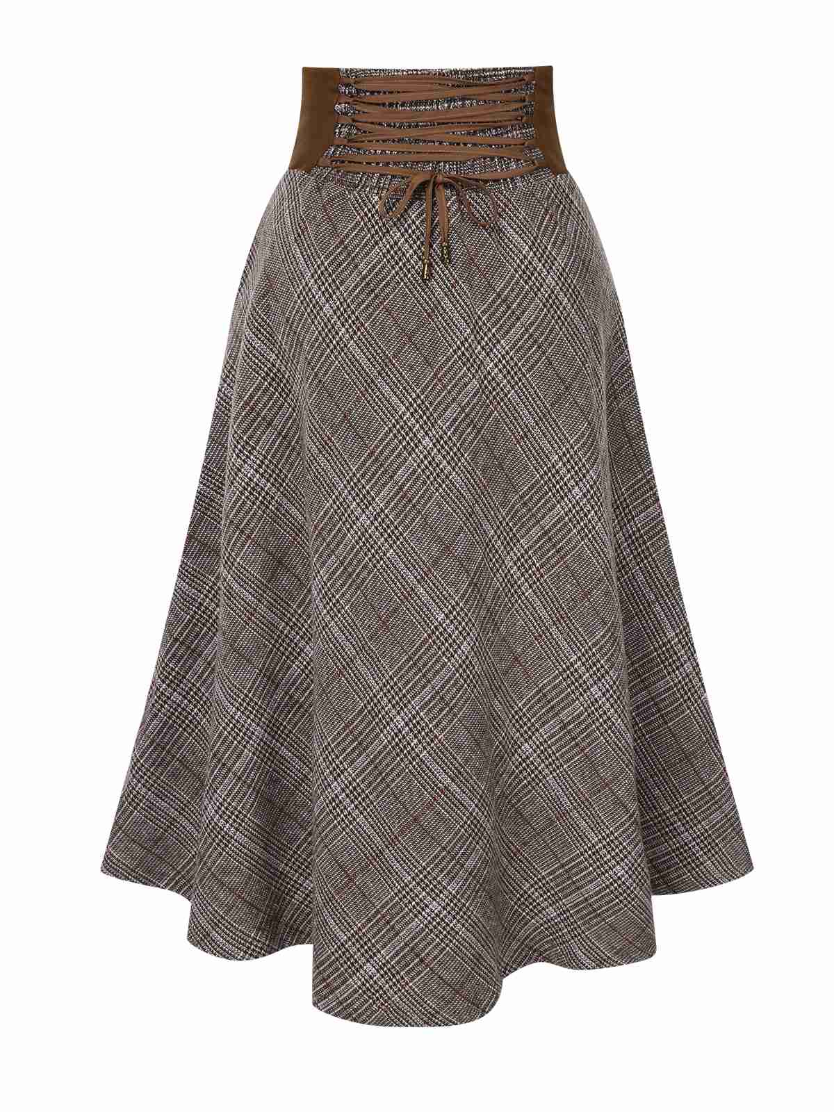 Braun 1970er Schnürung Glen Plaid Rock - Image 3