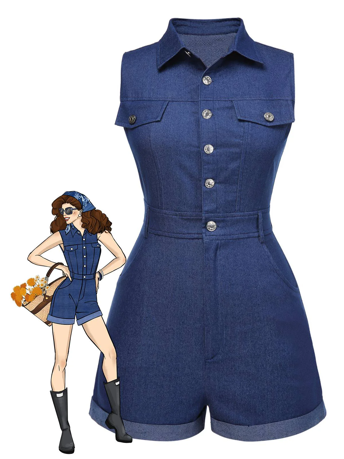 Braun 1970er Solide Ärmellos Denim Romper - Image 3