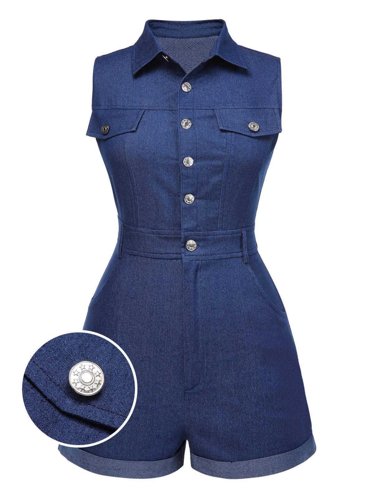 Braun 1970er Solide Ärmellos Denim Romper - Image 5