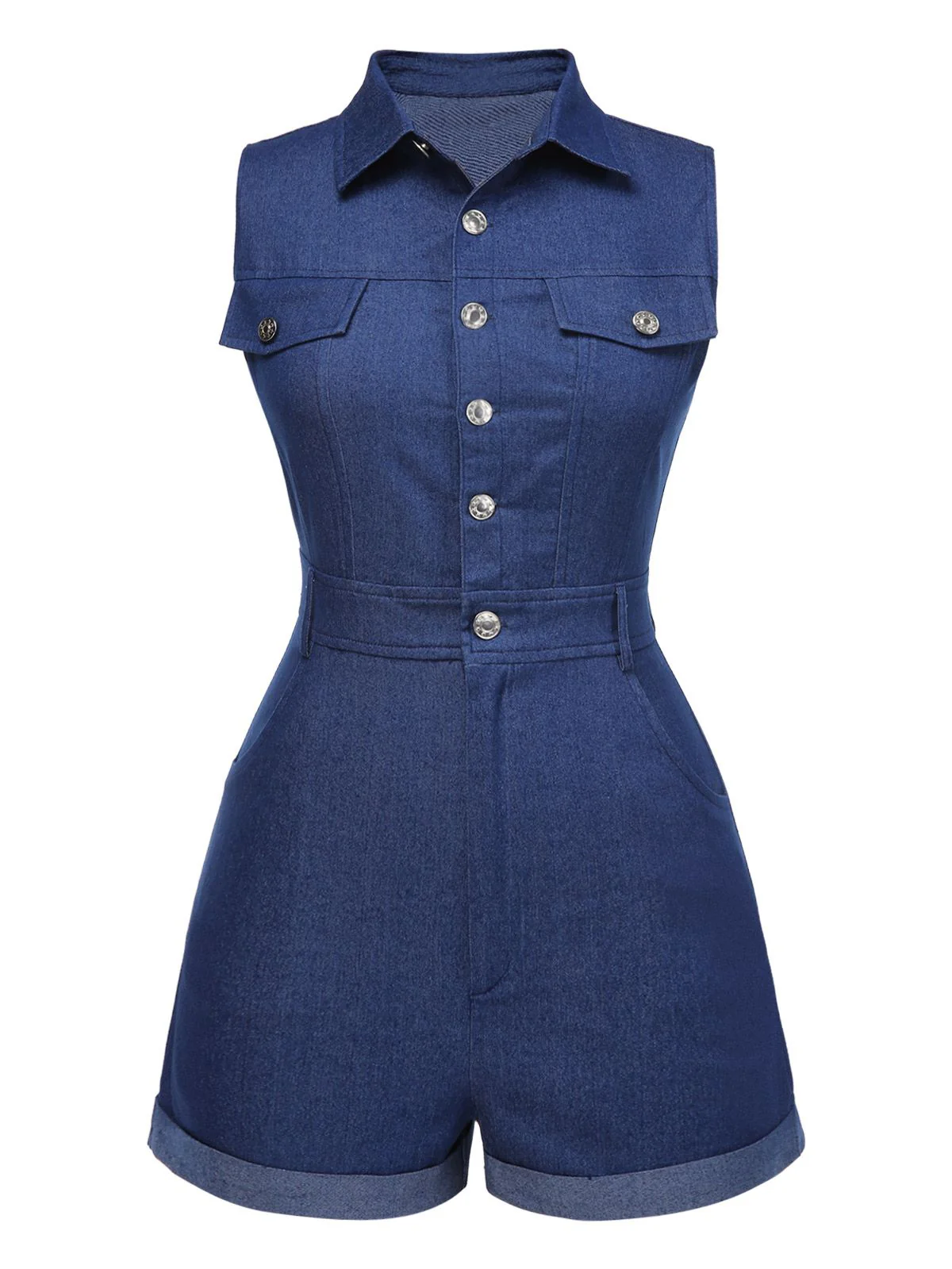 Braun 1970er Solide Ärmellos Denim Romper - Image 6