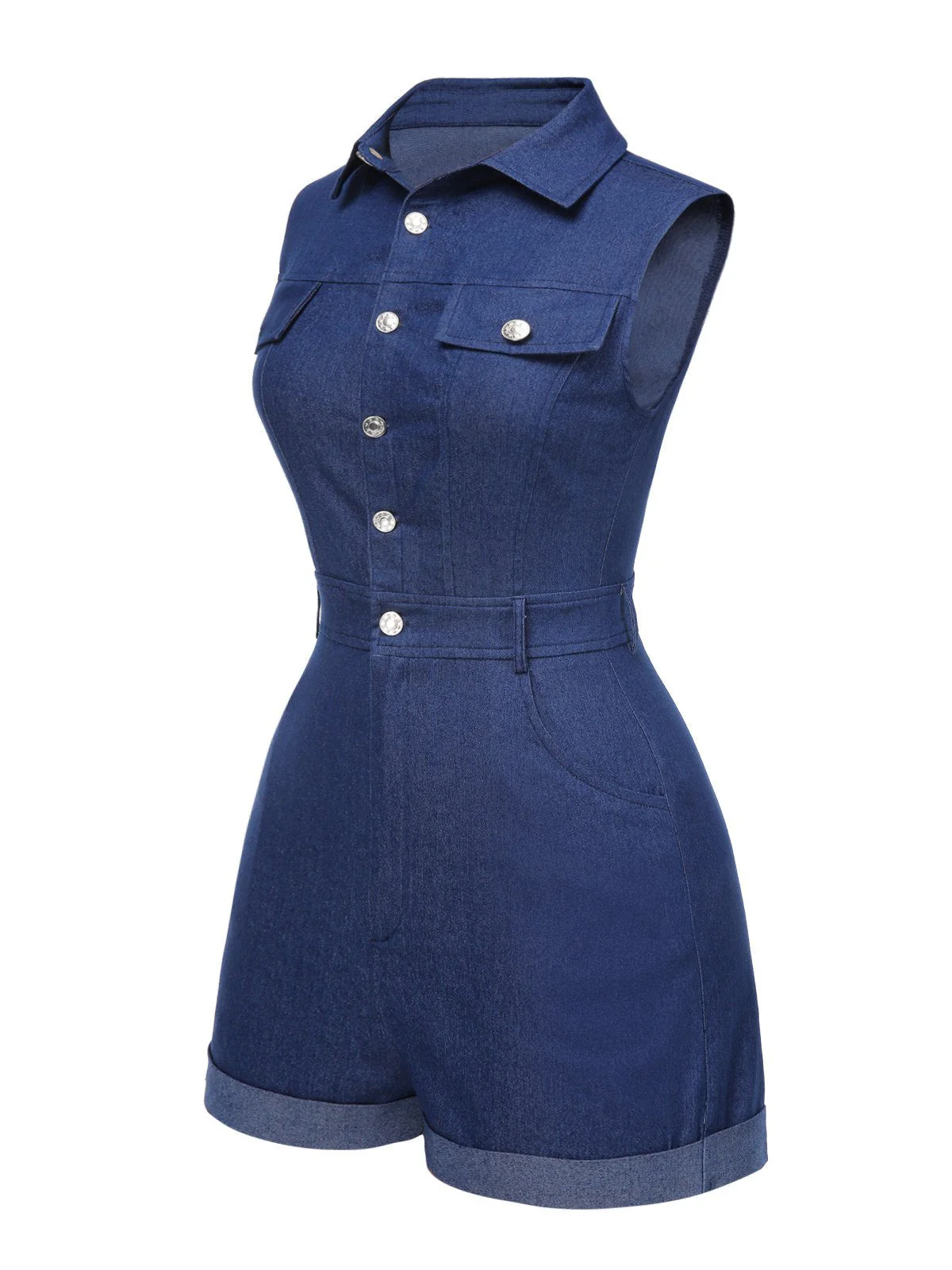Braun 1970er Solide Ärmellos Denim Romper - Image 7