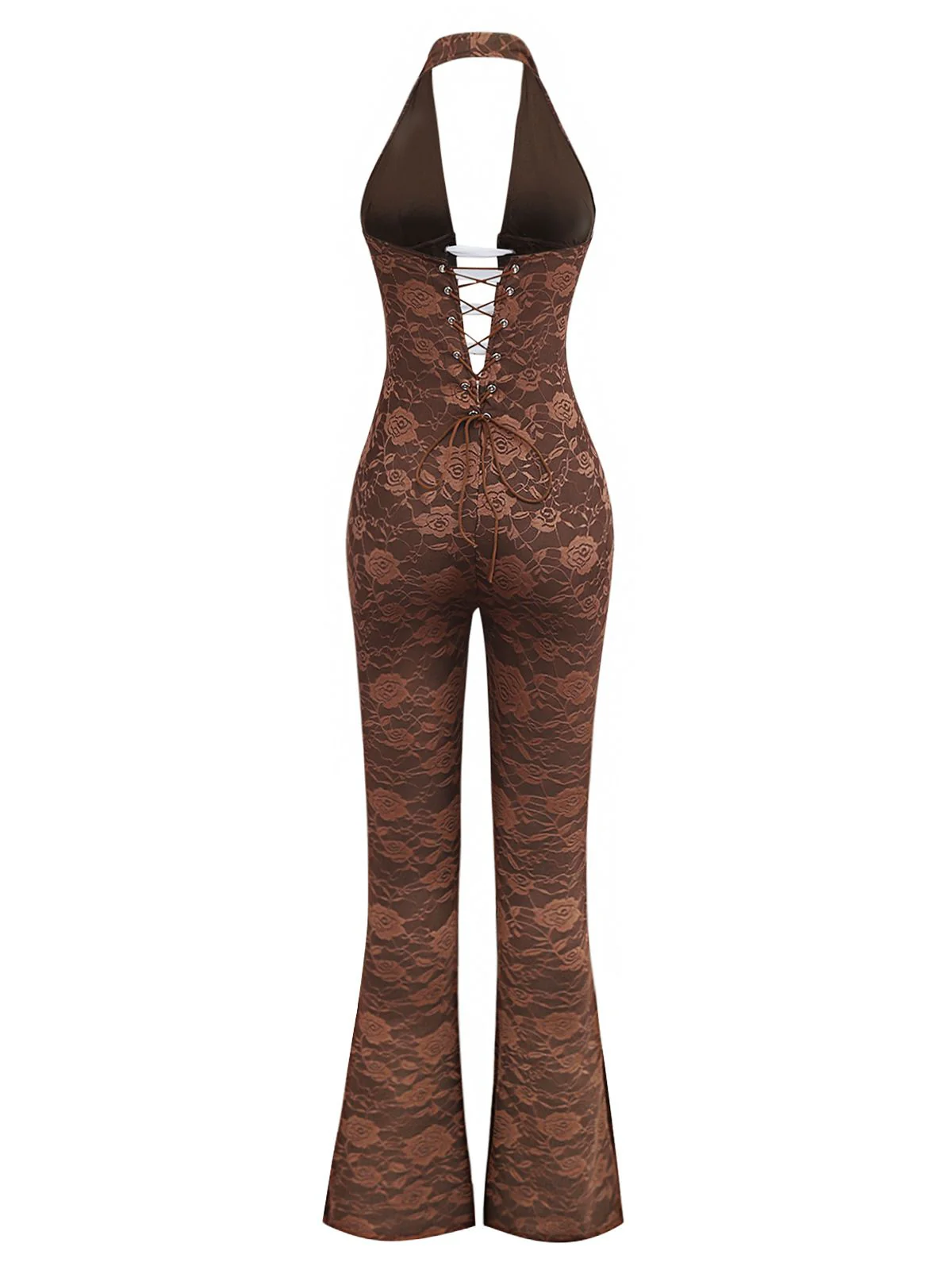 Braun 1970er Solide Schnürung Blumen Spitze Jumpsuit - Image 2