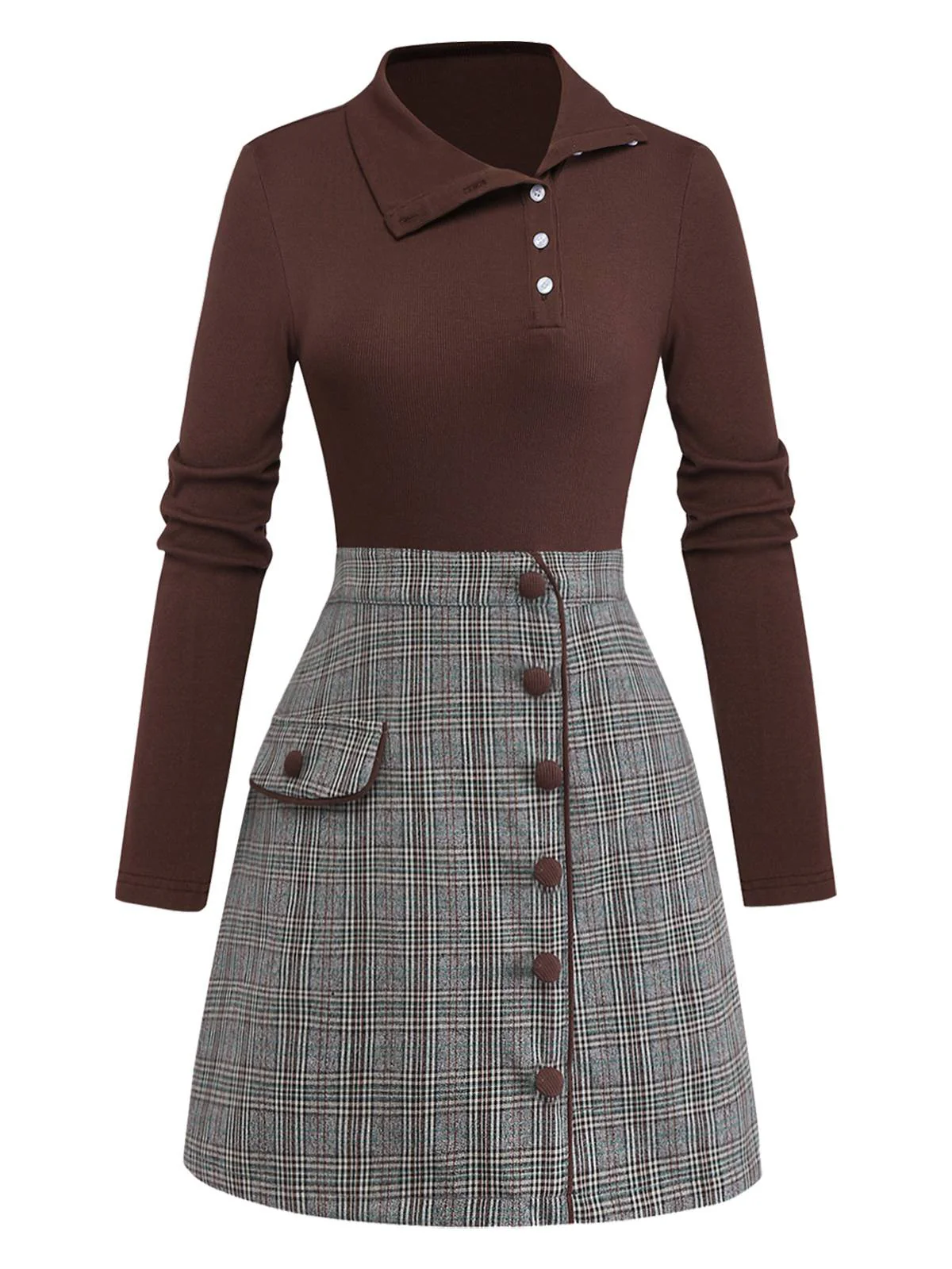 Braun 1970er Stricken Kariert Asymmetrisch Hals Kleid - Image 2