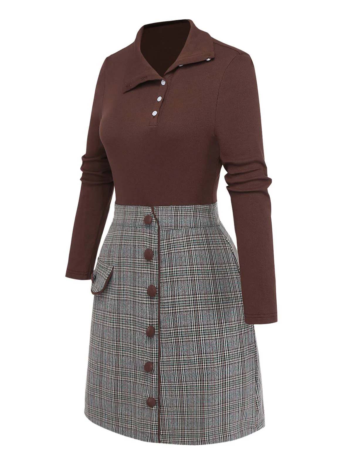Braun 1970er Stricken Kariert Asymmetrisch Hals Kleid - Image 3