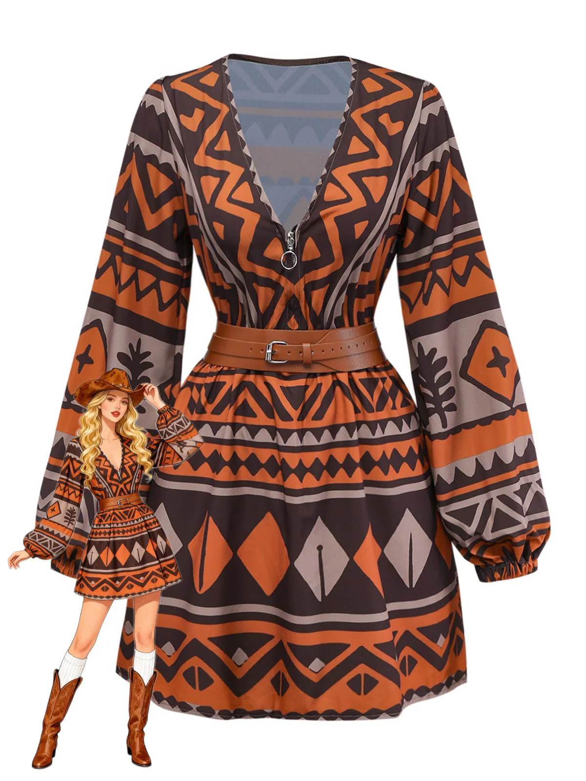 Braun 1970er Tief V-Ausschnitt Stammes Drucken Bohème Kleid