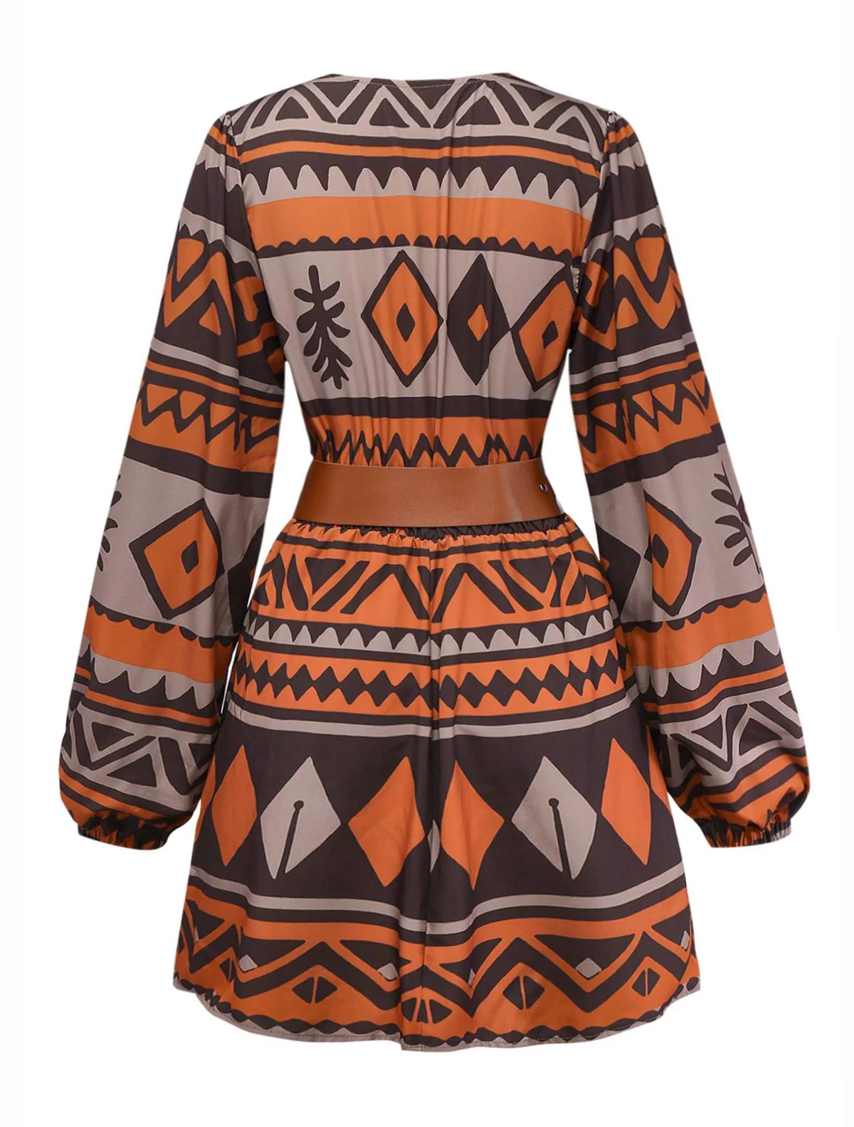 Braun 1970er Tief V-Ausschnitt Stammes Drucken Bohème Kleid - Image 3