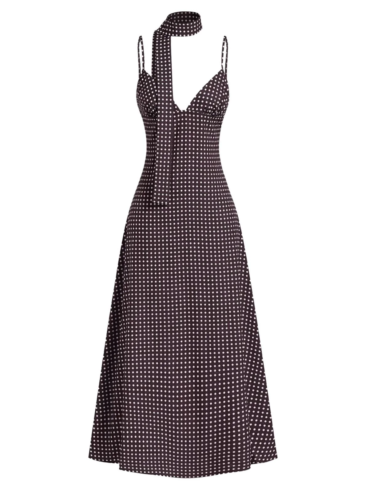 Braun 1980er V-Ausschnitt Polka Punkte Binde Spaghetti Träger Kleid - Image 2