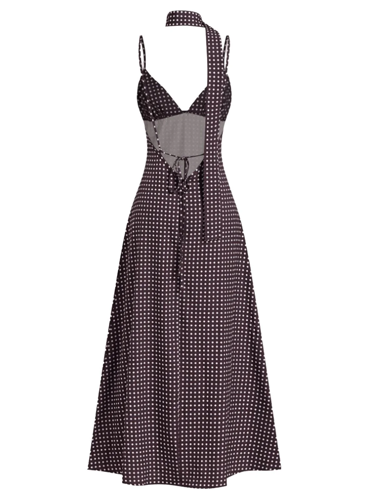 Braun 1980er V-Ausschnitt Polka Punkte Binde Spaghetti Träger Kleid - Image 3