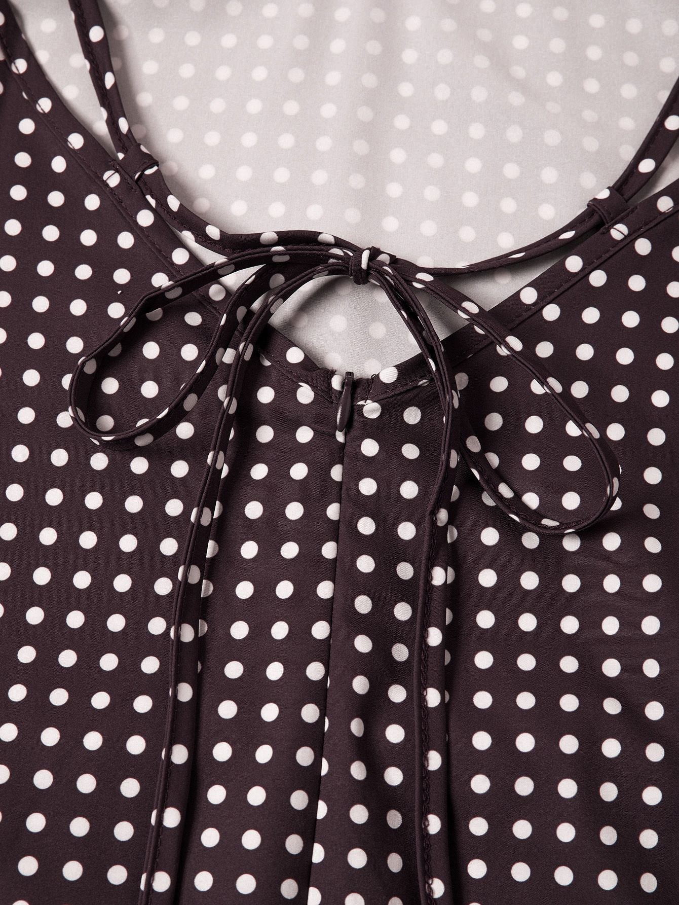 Braun 1980er V-Ausschnitt Polka Punkte Binde Spaghetti Träger Kleid - Image 5