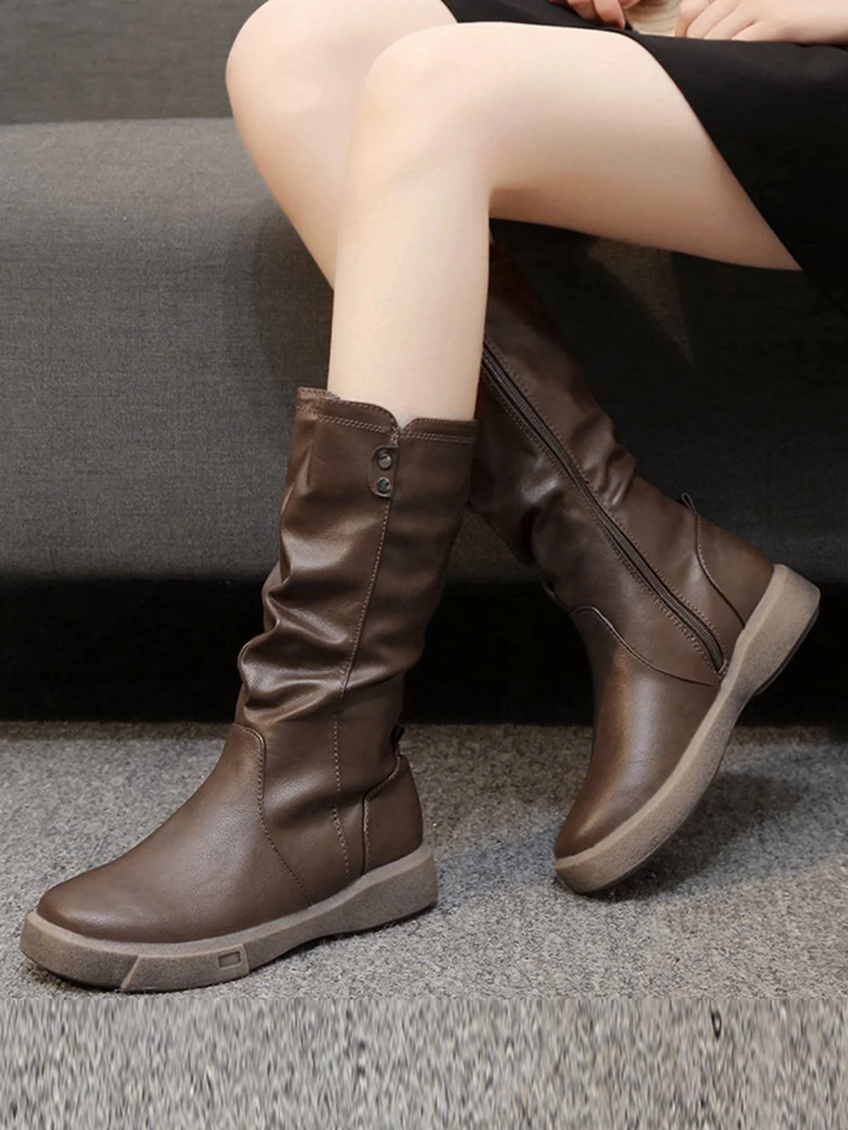 Braun Leder Gestapelt Plissiertes Flache Stiefel - Image 2
