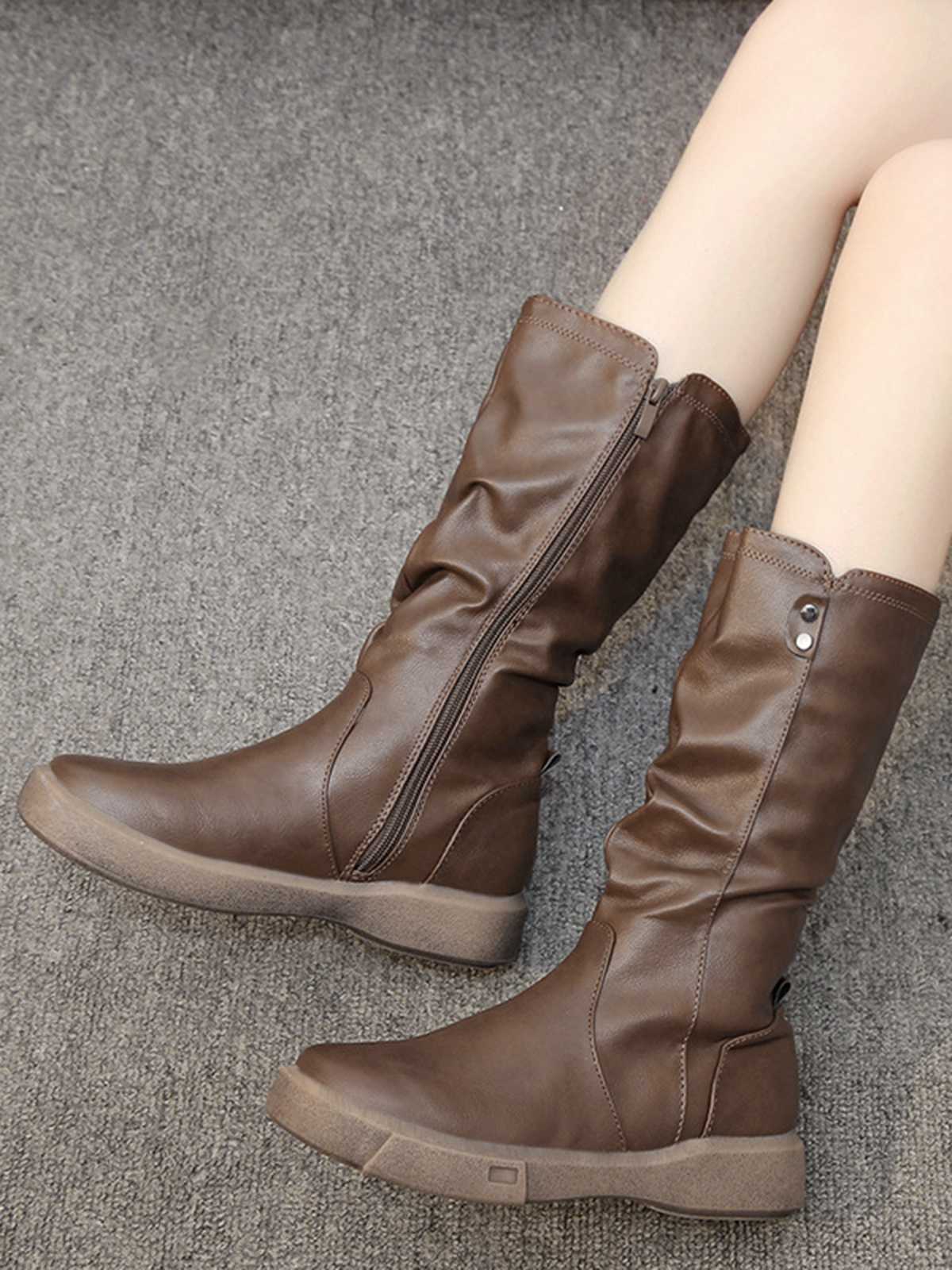 Braun Leder Gestapelt Plissiertes Flache Stiefel - Image 3