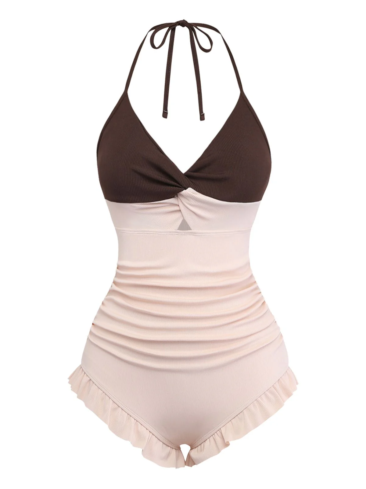 Braun & Rosa 1940er Rüschen Hochtailliert Badeanzug - Image 3