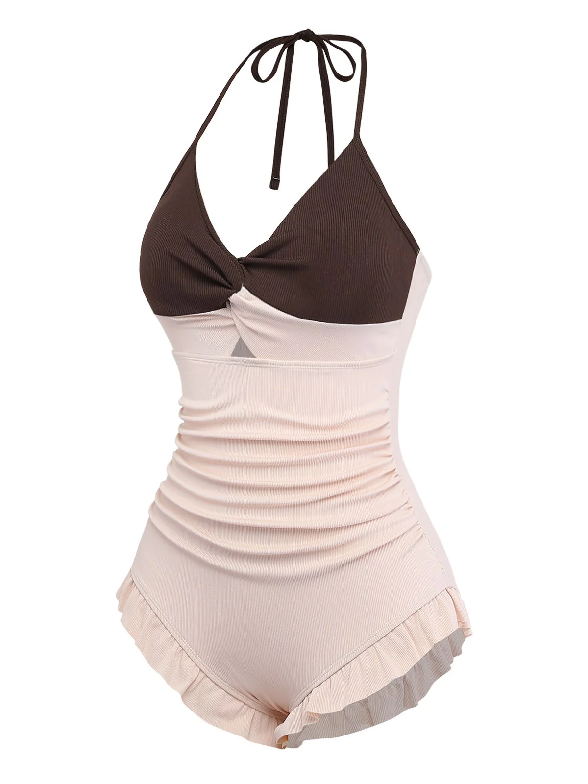 Braun & Rosa 1940er Rüschen Hochtailliert Badeanzug - Image 4