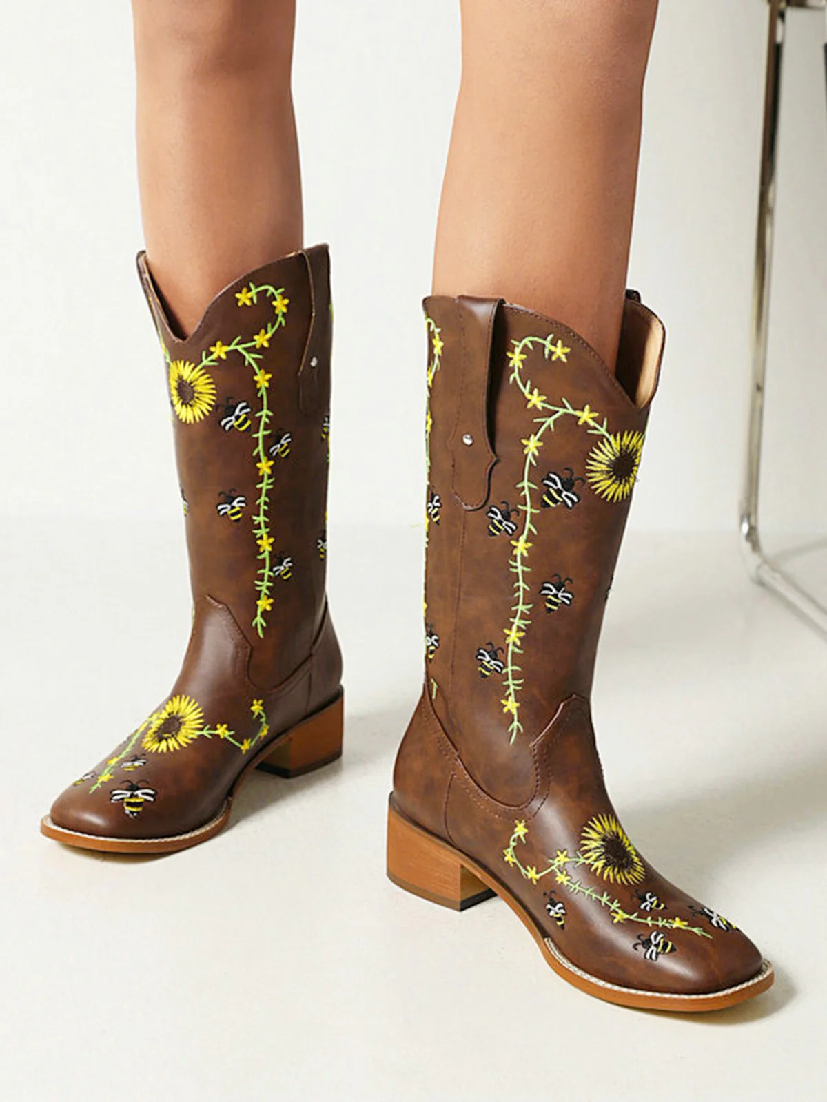 Braun Sonnenblume Besticktes Western Cowgirl Wadenstiefel - Image 2