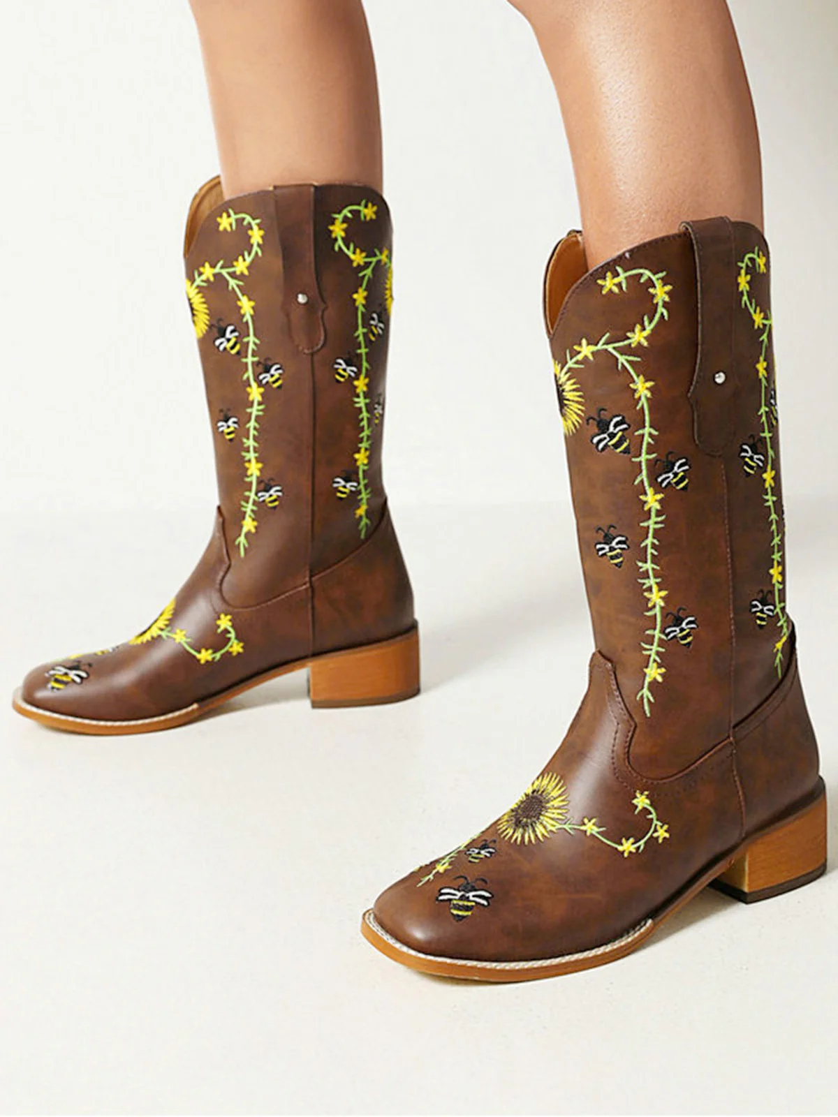 Braun Sonnenblume Besticktes Western Cowgirl Wadenstiefel - Image 3