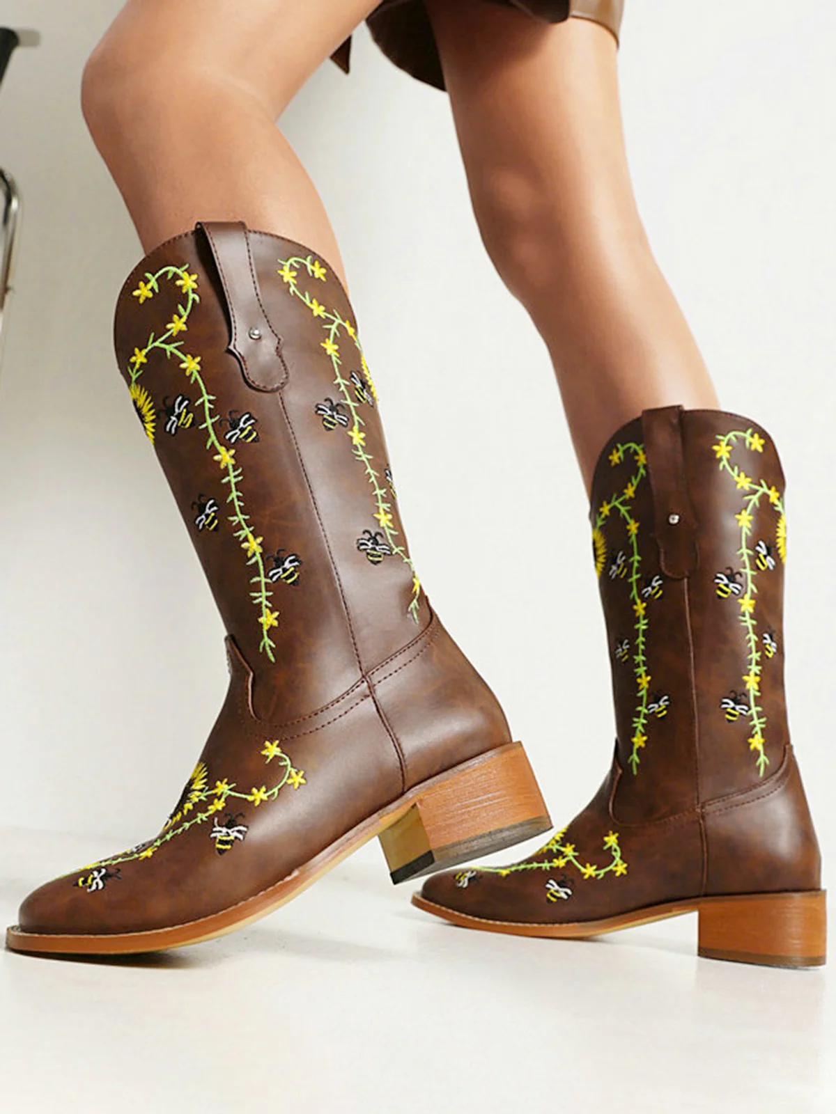 Braun Sonnenblume Besticktes Western Cowgirl Wadenstiefel - Image 4