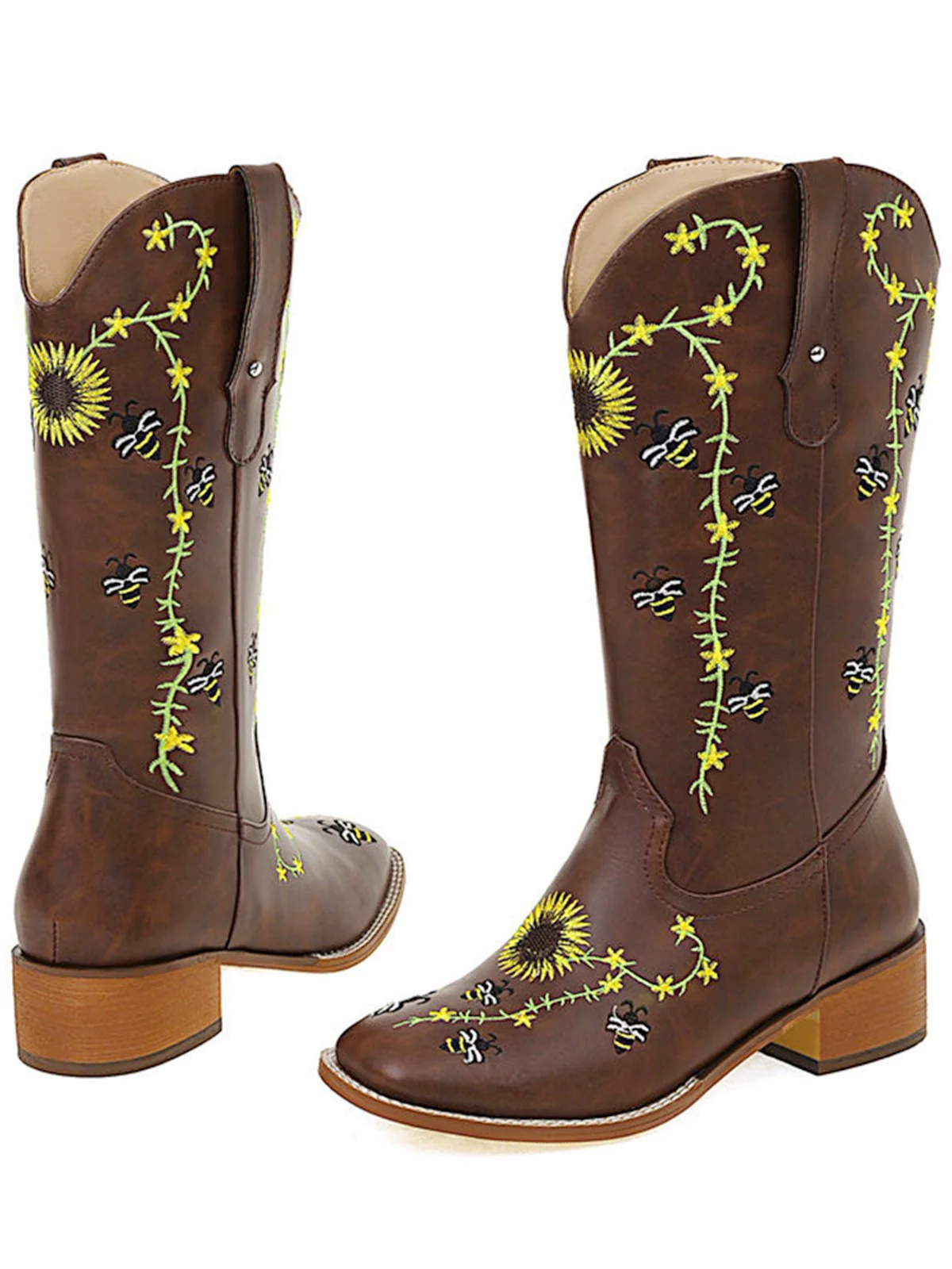 Braun Sonnenblume Besticktes Western Cowgirl Wadenstiefel - Image 5