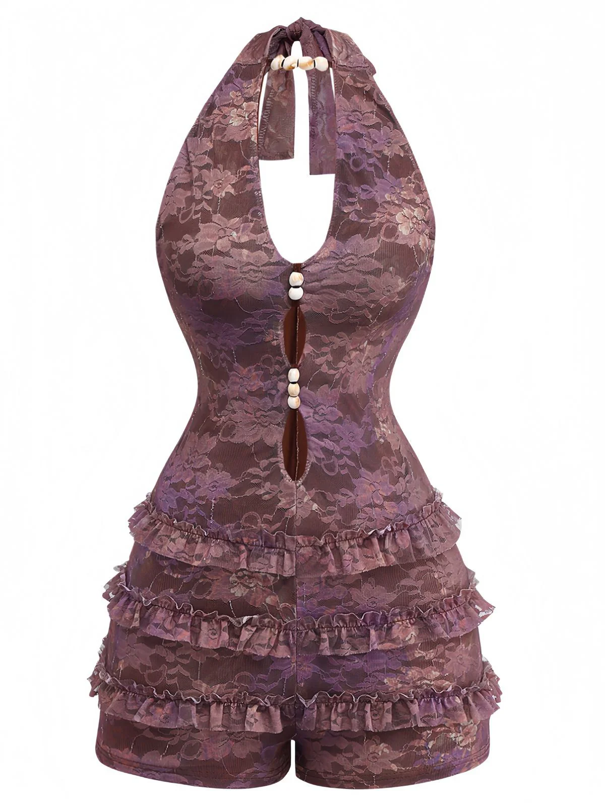Braun Y2k Halter Blumen Gestuft Rüschen Perlen Romper - Image 2