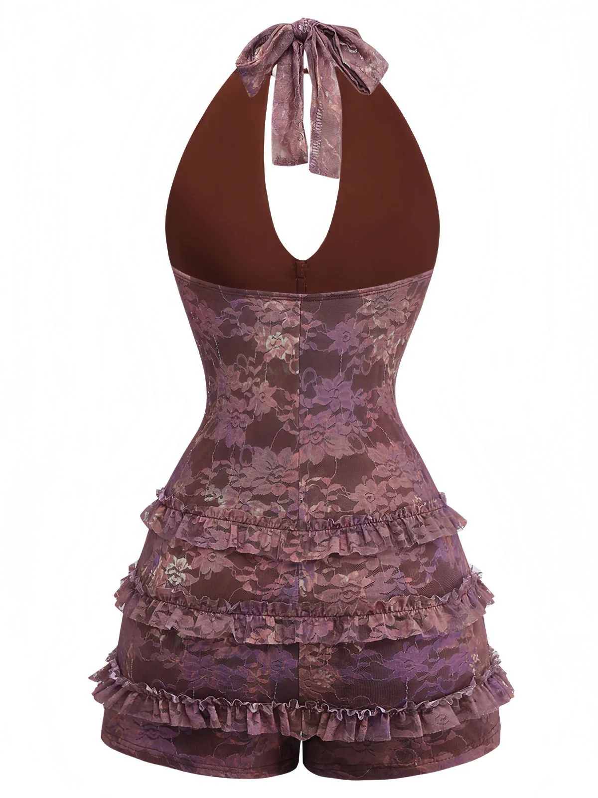 Braun Y2k Halter Blumen Gestuft Rüschen Perlen Romper - Image 3