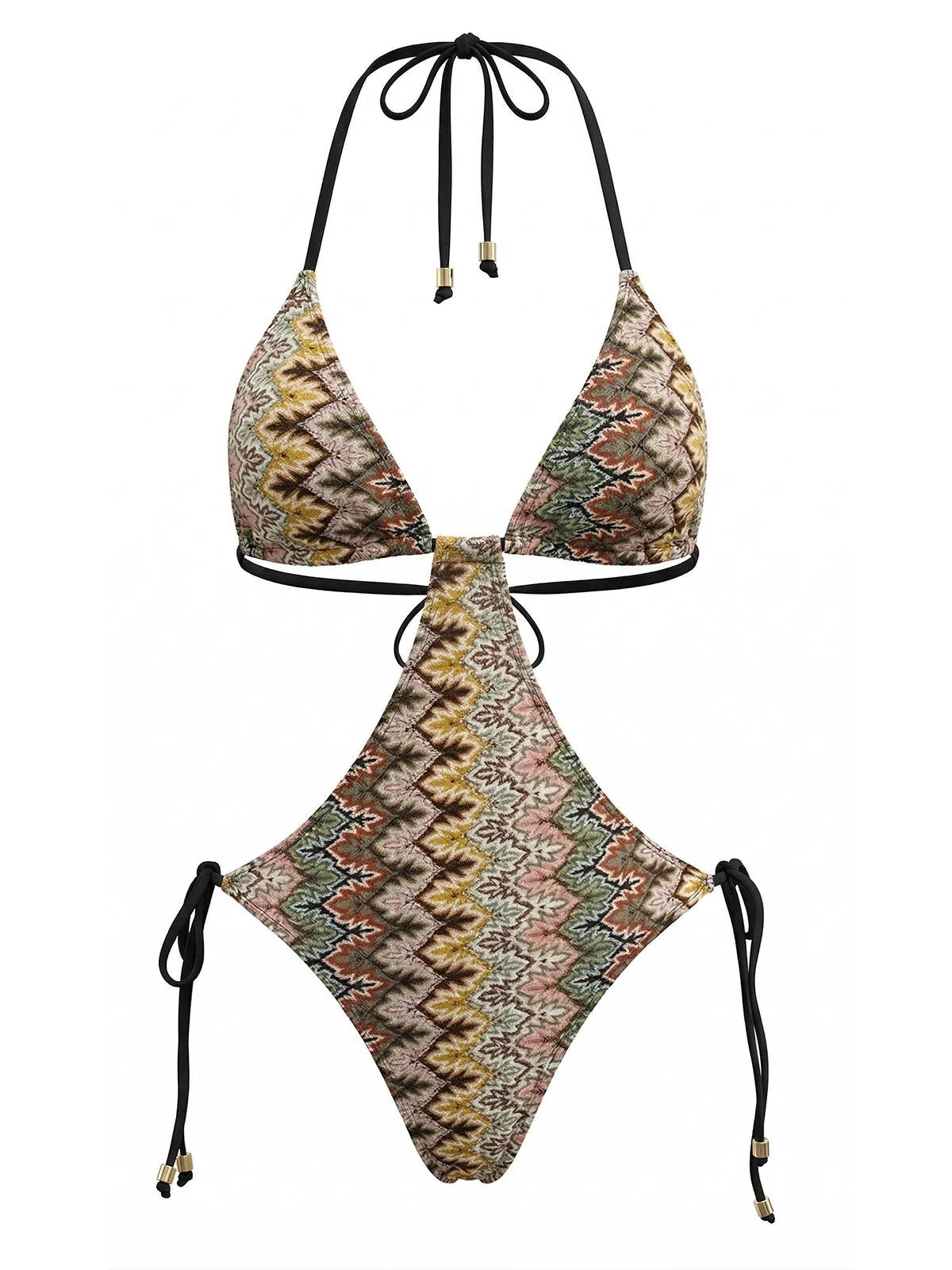 Brauner 70er Boho geraffter Badeanzug mit Chevron-Print - Image 2