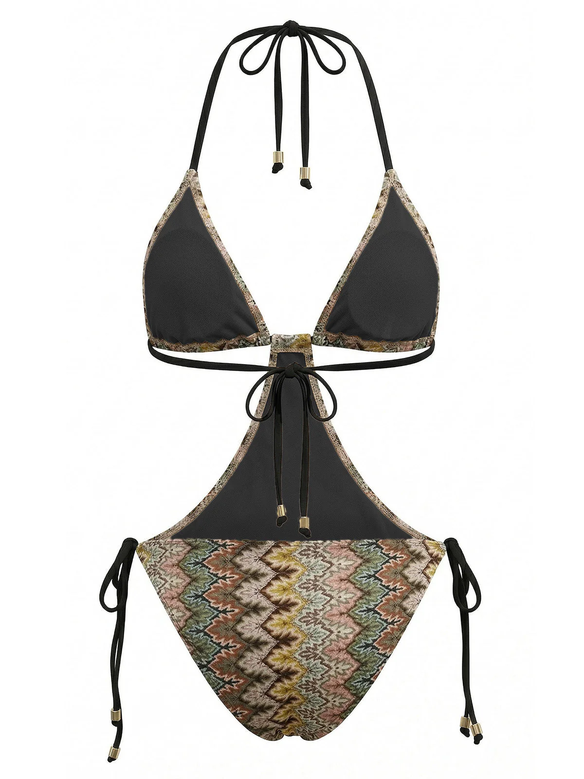 Brauner 70er Boho geraffter Badeanzug mit Chevron-Print - Image 3