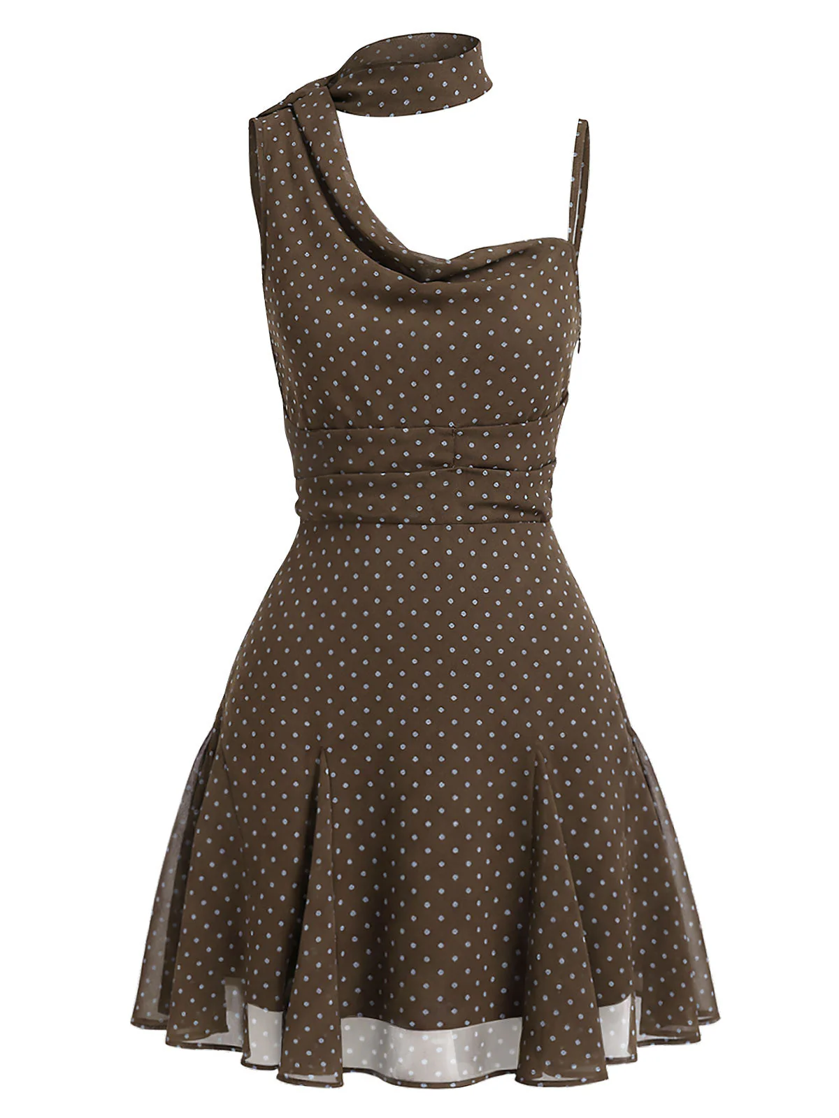 [Vorverkauf] Braunes 00er Chiffon-Kleid mit Polka-Dots und Schleifenkragen - Image 2