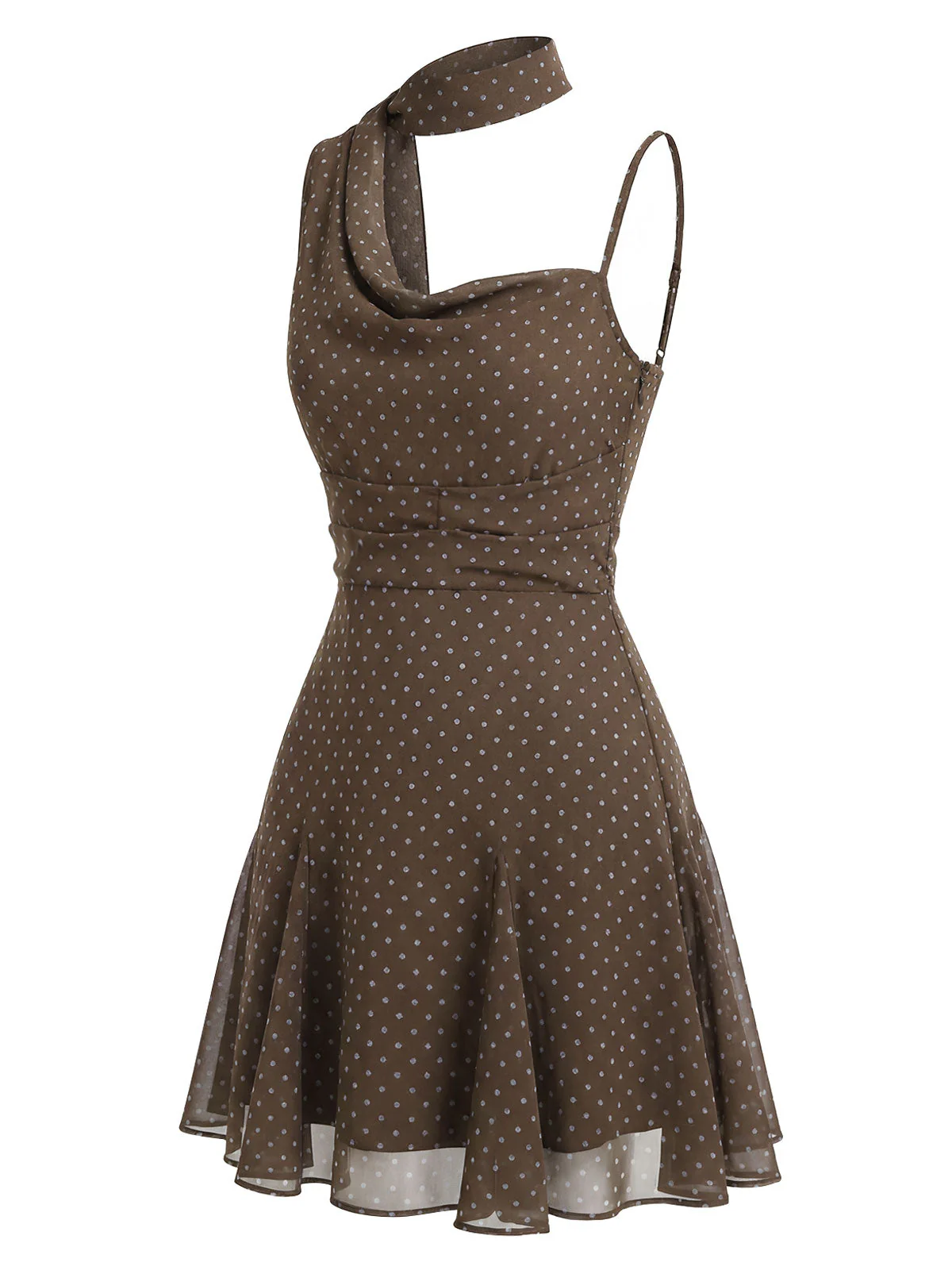 [Vorverkauf] Braunes 00er Chiffon-Kleid mit Polka-Dots und Schleifenkragen - Image 3