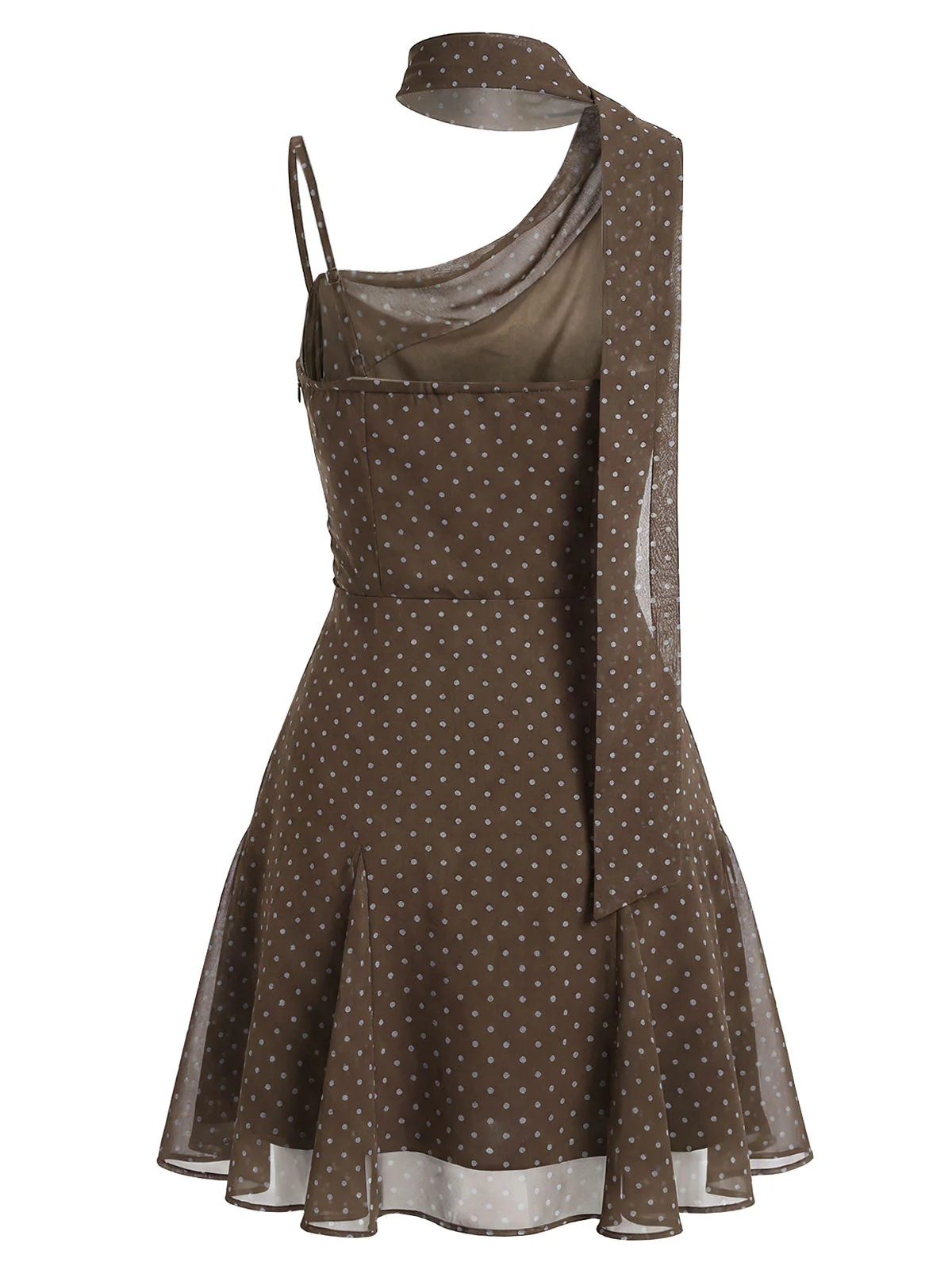 [Vorverkauf] Braunes 00er Chiffon-Kleid mit Polka-Dots und Schleifenkragen - Image 4