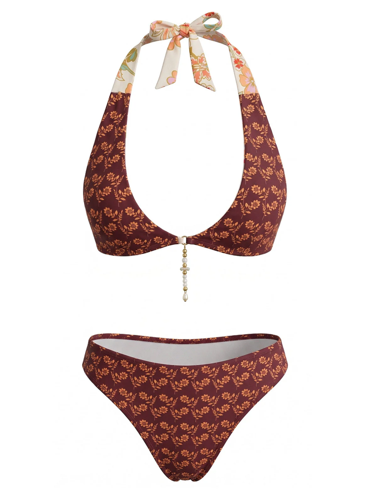Braunes 40er Wendbares Bikini-Set mit Blumen und Neckholder - Image 2
