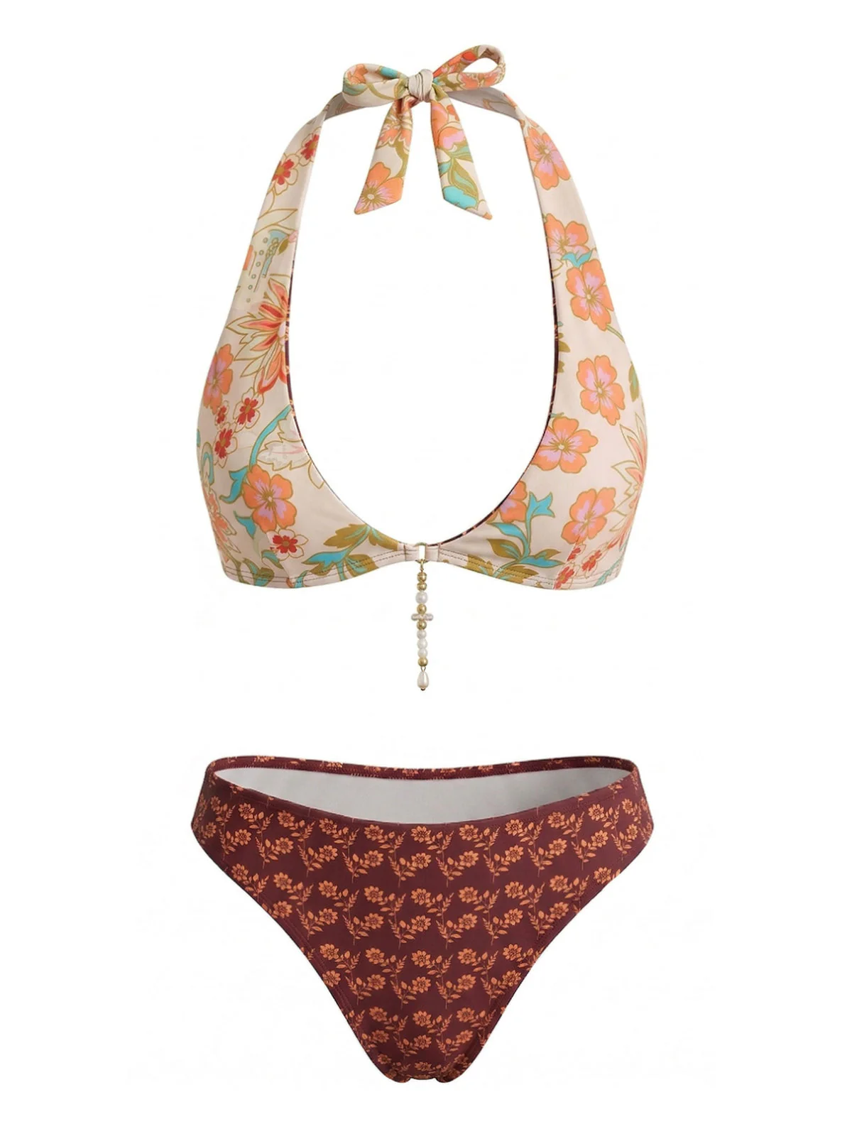 Braunes 40er Wendbares Bikini-Set mit Blumen und Neckholder - Image 4