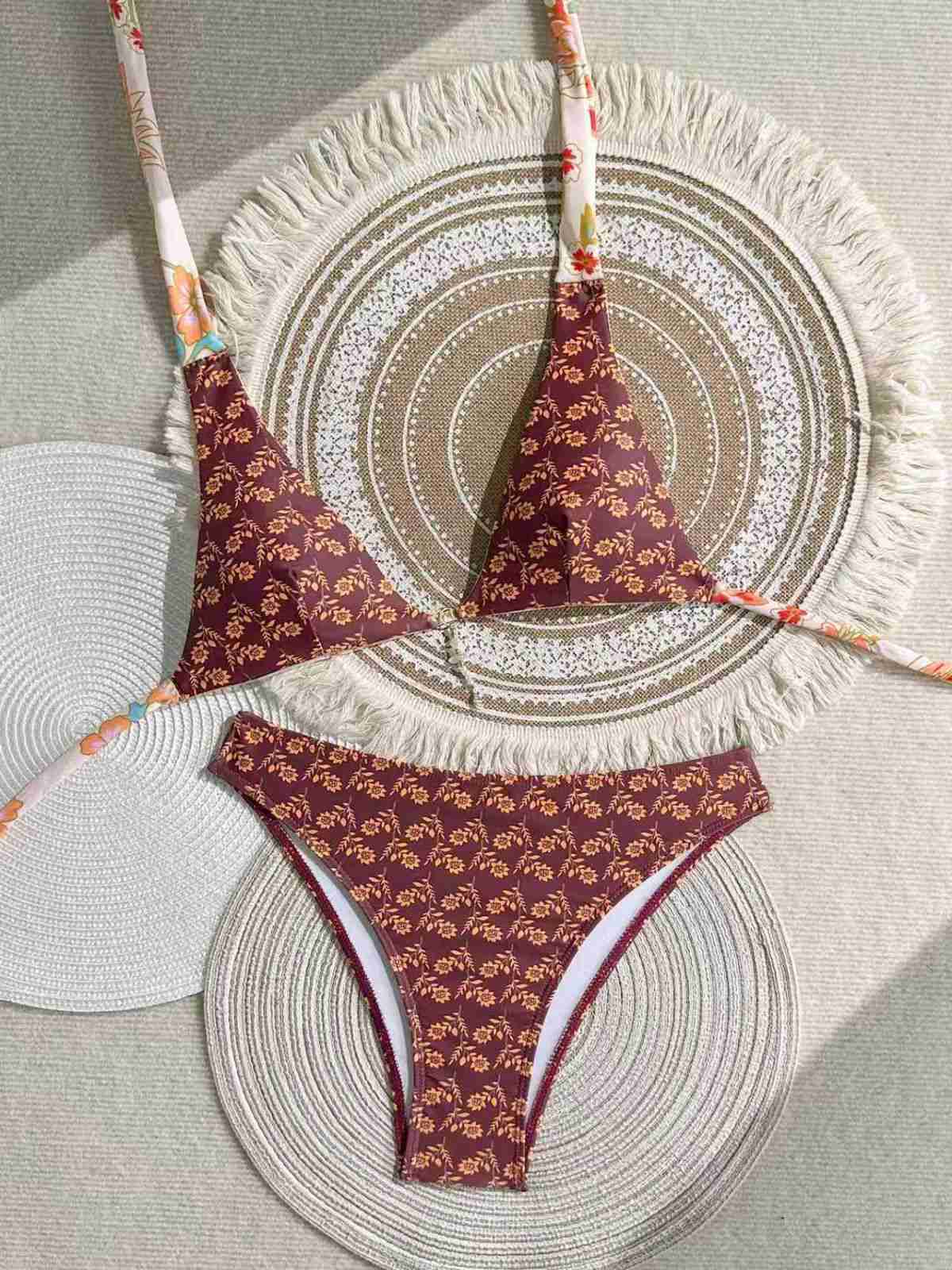 Braunes 40er Wendbares Bikini-Set mit Blumen und Neckholder - Image 6