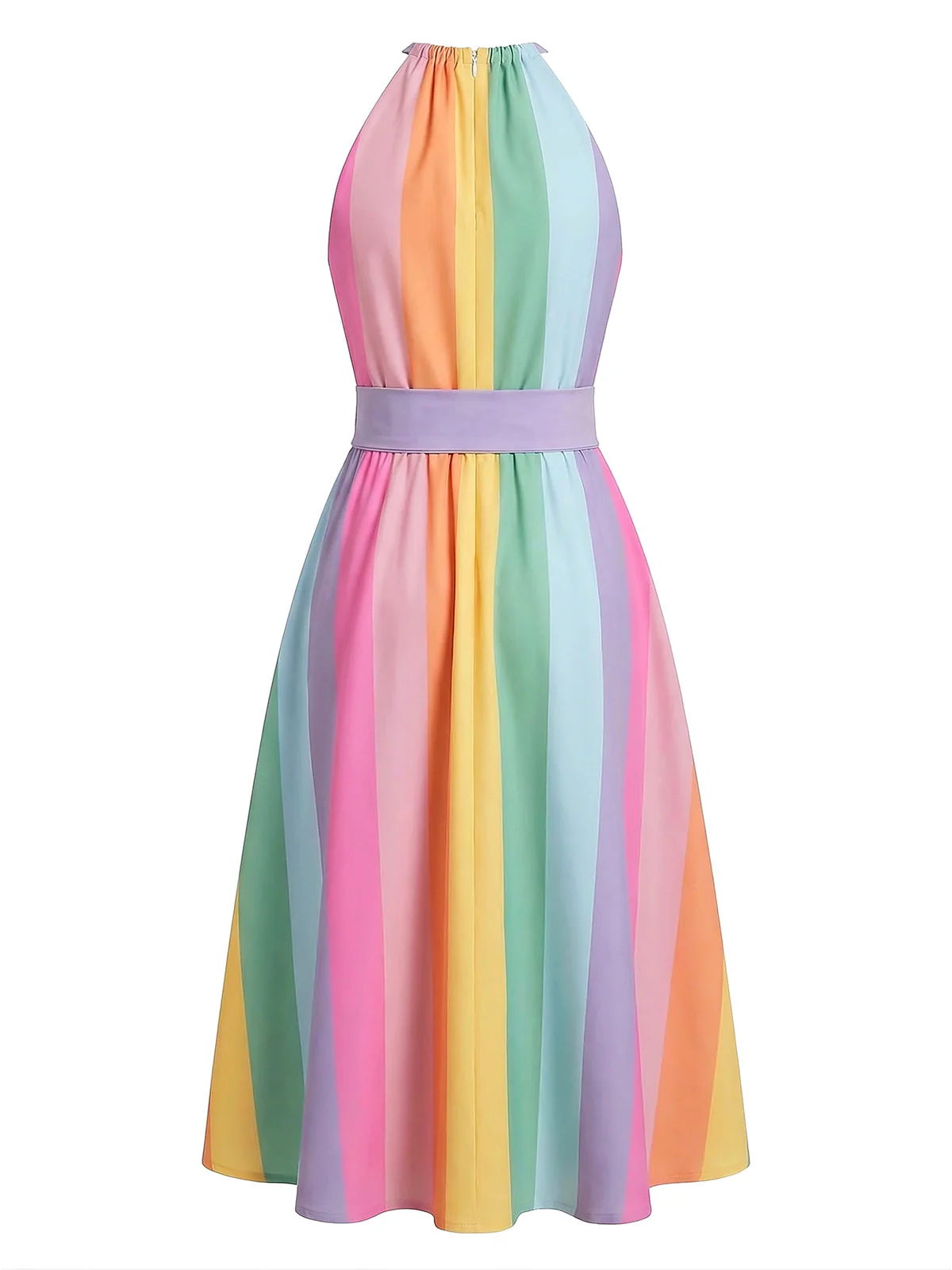 [Vorverkauf] Buntes 50er Ärmelloses Midikleid mit Regenbogen-Streifen und Gürtel - Image 2
