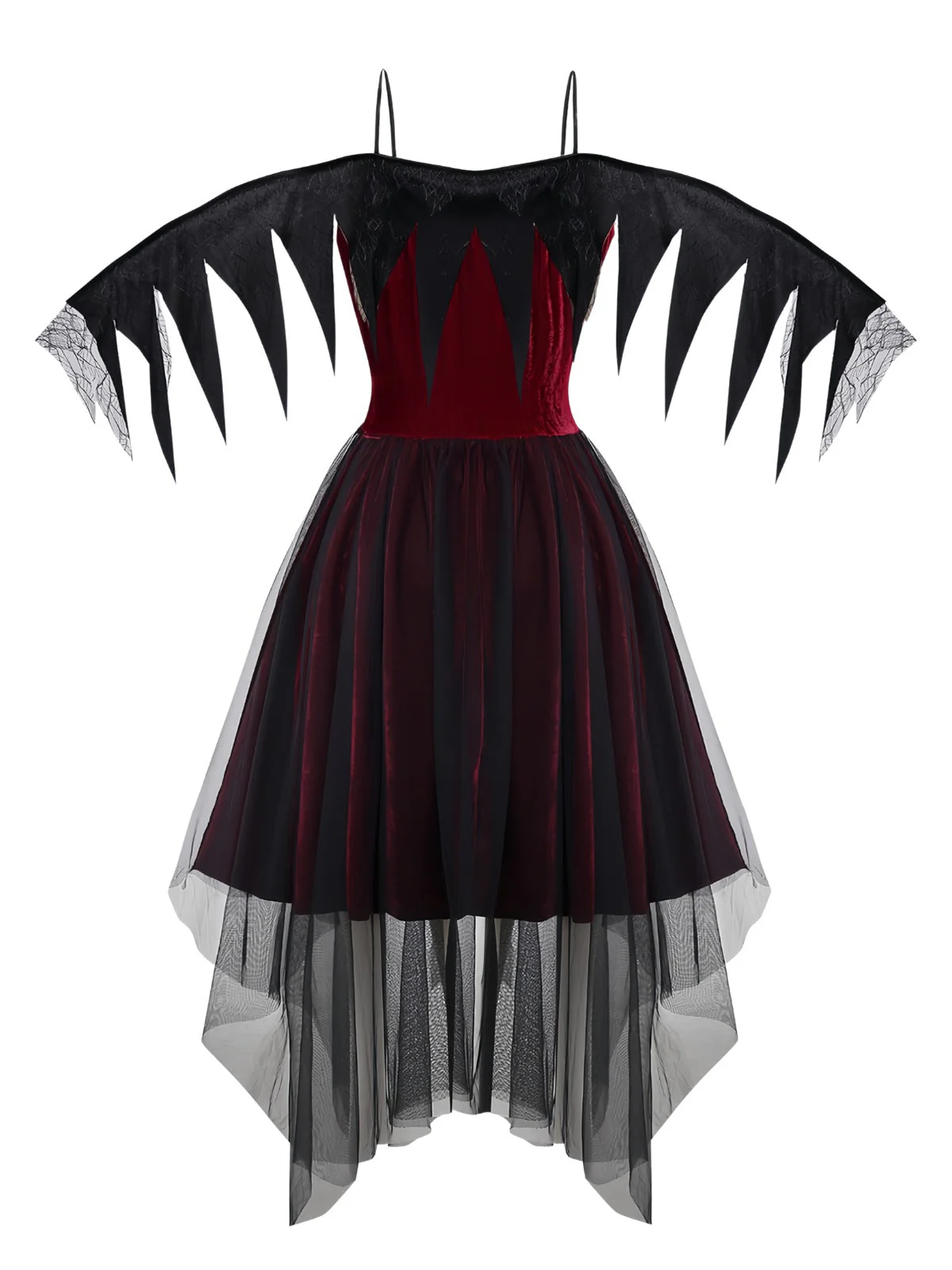 Burgund 1960er Gothic Netz Trägerlos Irregulär Saum Kleid - Image 2