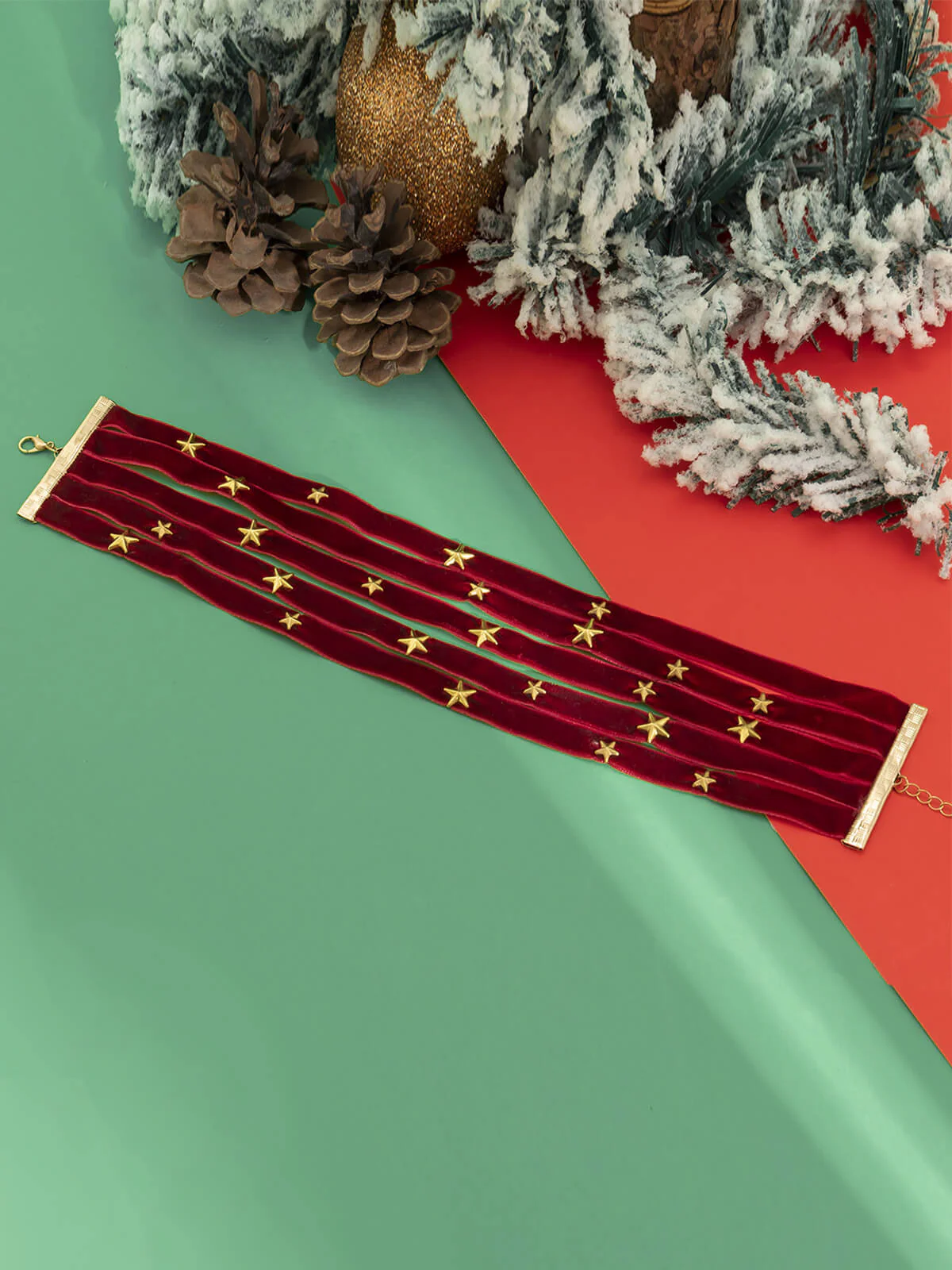 Burgunderfarbener Weihnachtsstern Breite Halskette aus Samt - Image 4