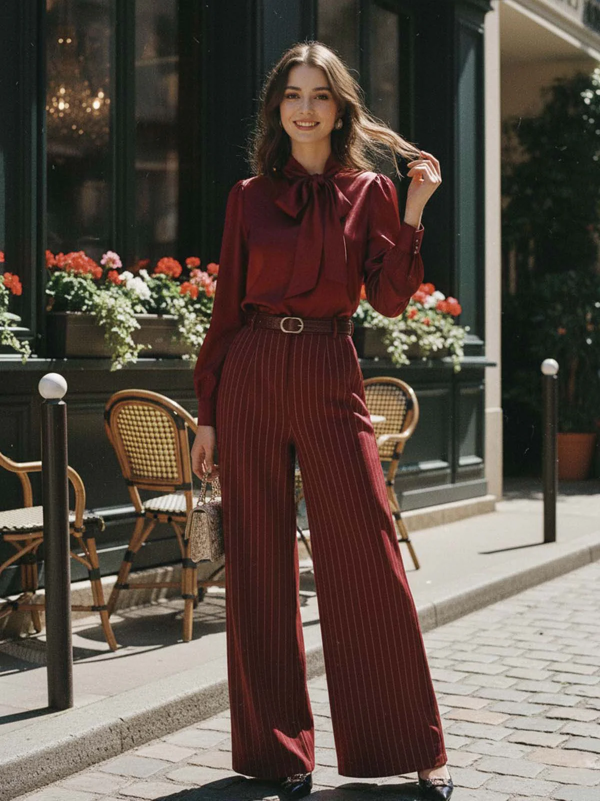 Burgunderrot 1940er Satin Bogen Tie Streifen Weites Bein Jumpsuit - Image 2