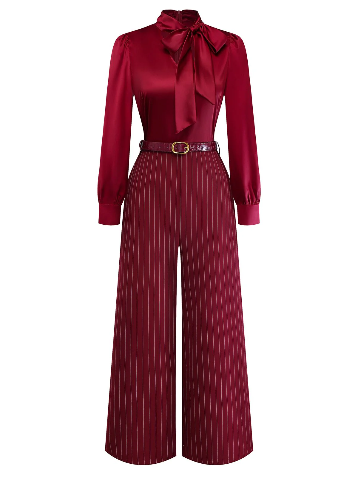 Burgunderrot 1940er Satin Bogen Tie Streifen Weites Bein Jumpsuit - Image 3