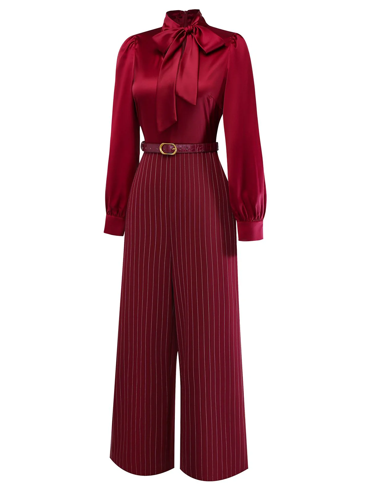 Burgunderrot 1940er Satin Bogen Tie Streifen Weites Bein Jumpsuit - Image 4