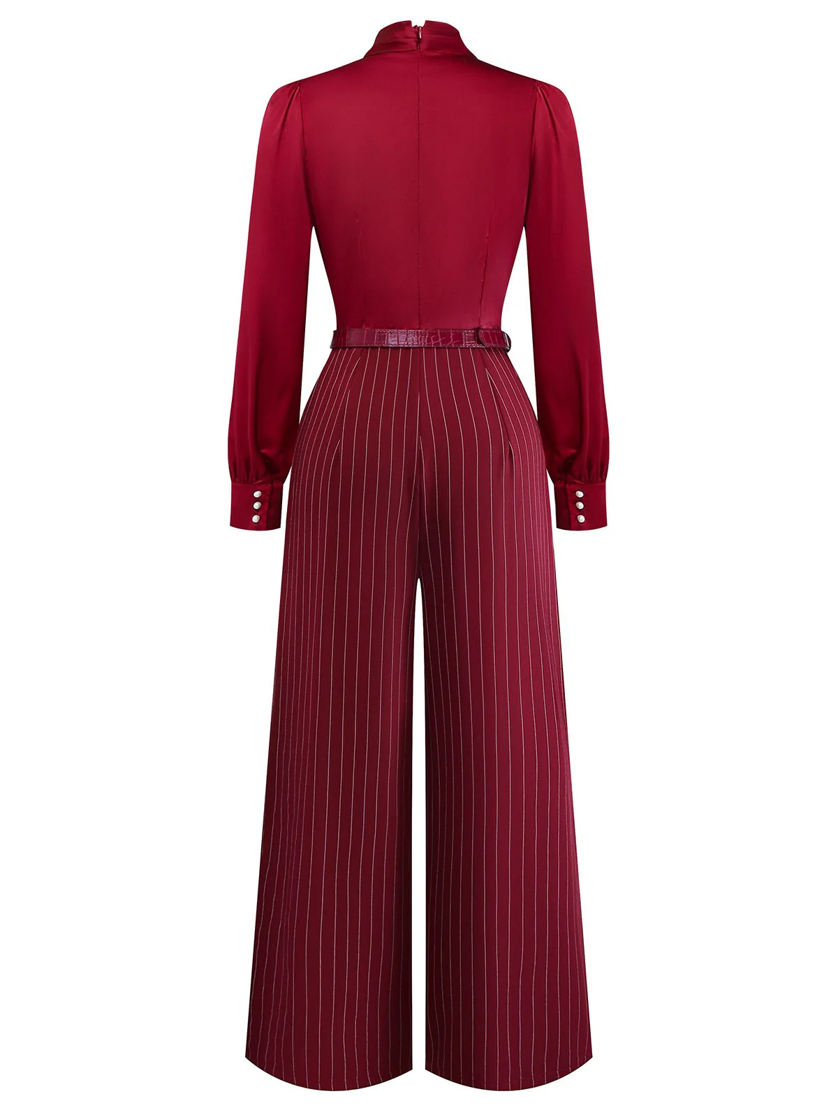 Burgunderrot 1940er Satin Bogen Tie Streifen Weites Bein Jumpsuit - Image 5