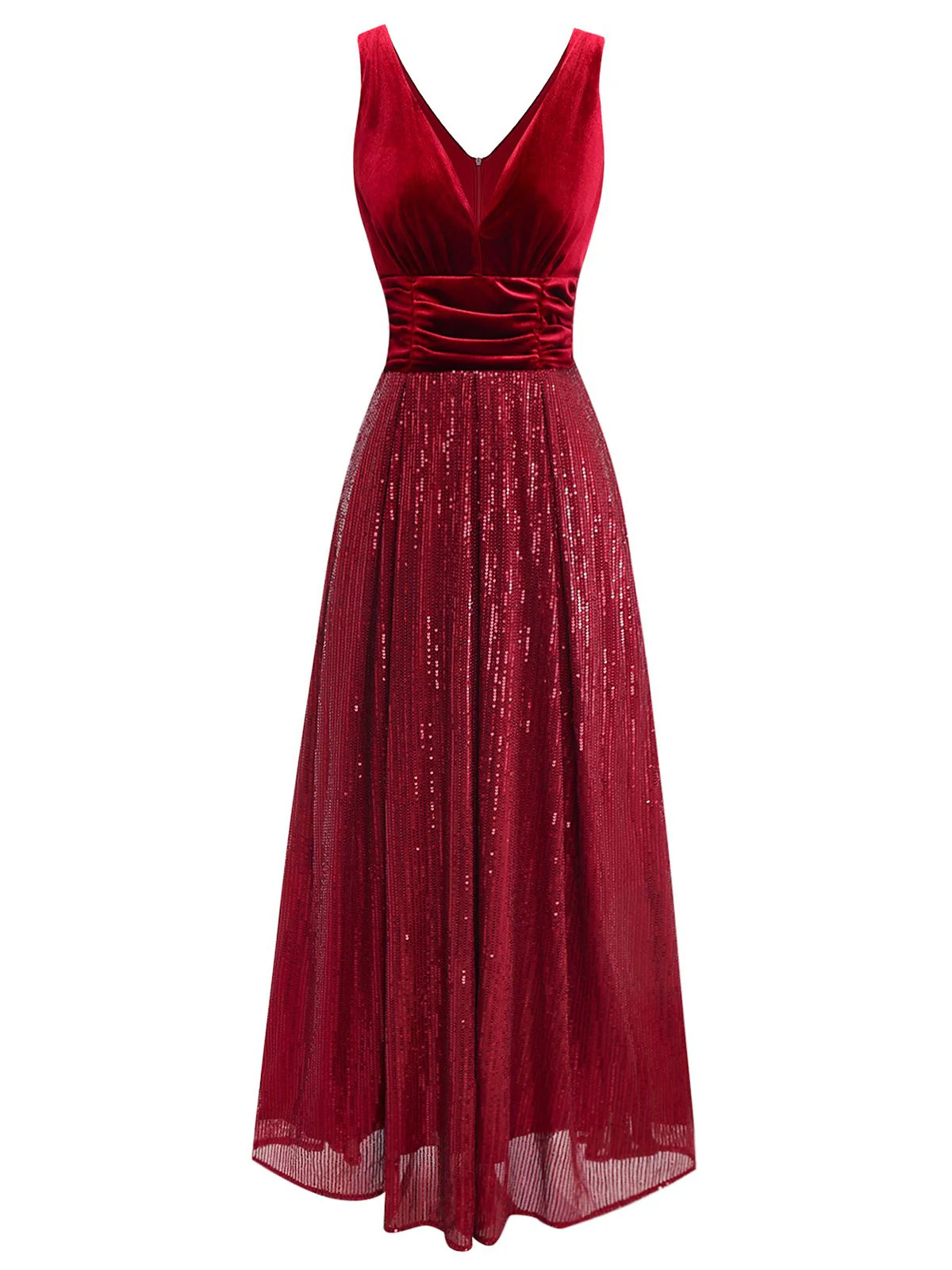 Burgunderrot 1950er Samt Pailletten V-Ausschnitt Maxi Kleid - Image 2