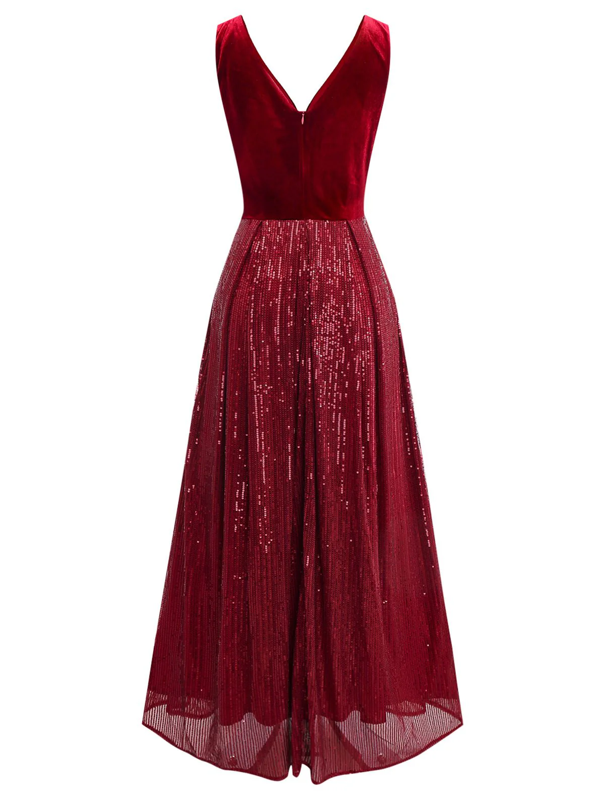Burgunderrot 1950er Samt Pailletten V-Ausschnitt Maxi Kleid - Image 3