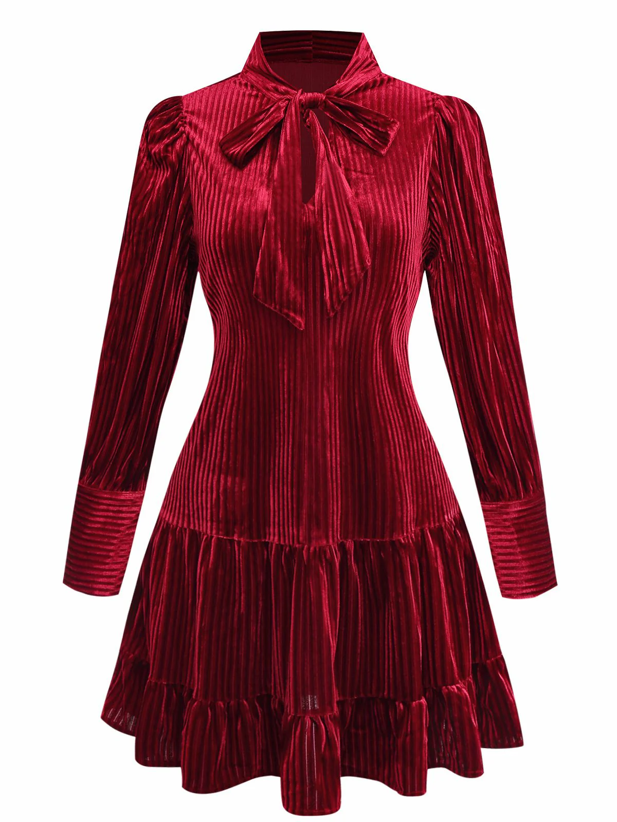 Burgunderrot 1960er Bogen Kragen Solide Samt Rüschen Kleid - Image 2