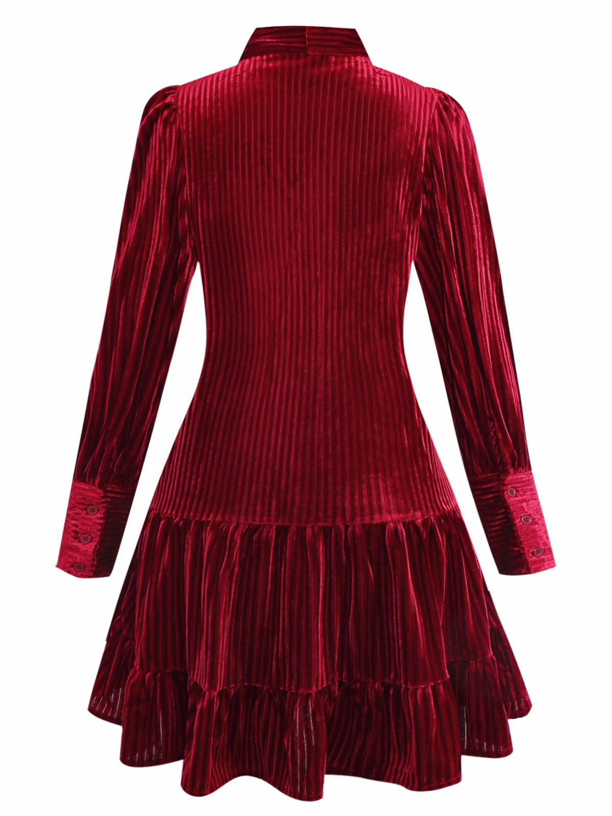 Burgunderrot 1960er Bogen Kragen Solide Samt Rüschen Kleid - Image 3