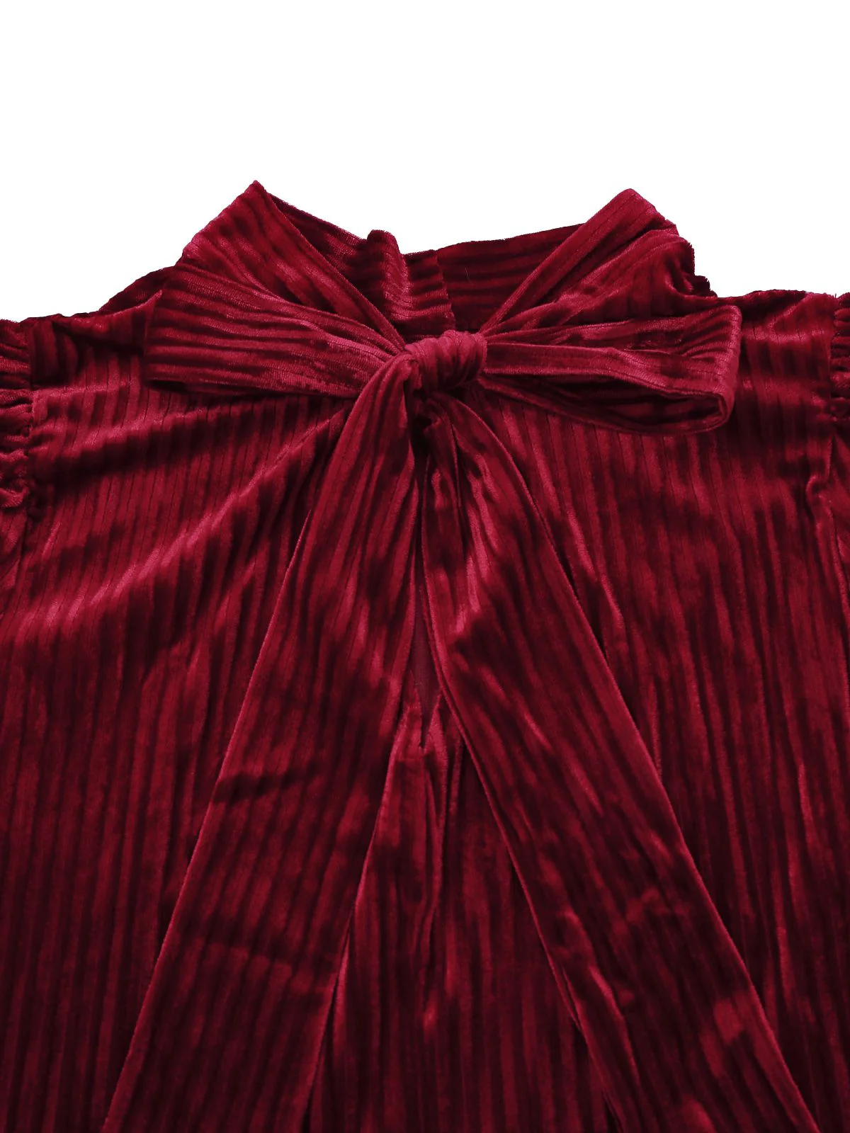 Burgunderrot 1960er Bogen Kragen Solide Samt Rüschen Kleid - Image 4