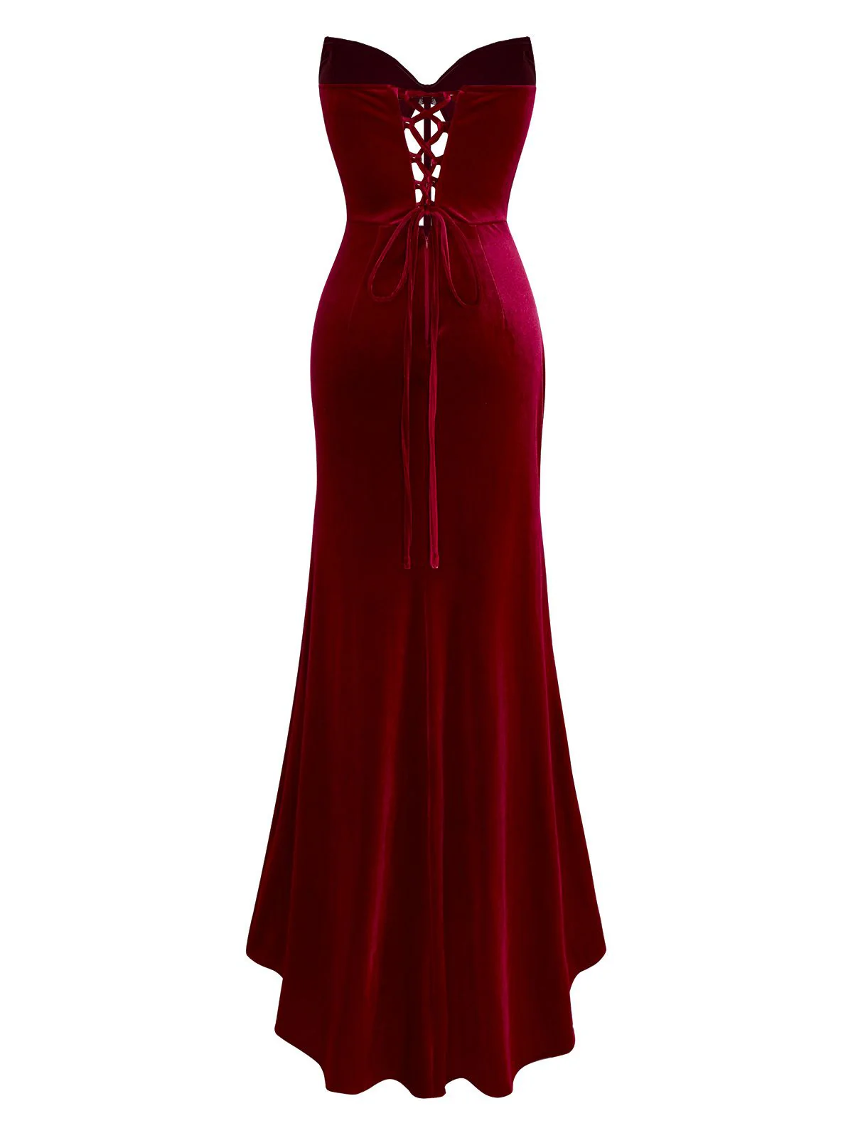 Burgunderrot 1980er Samt Trägerlos Schlitz Kleid - Image 3