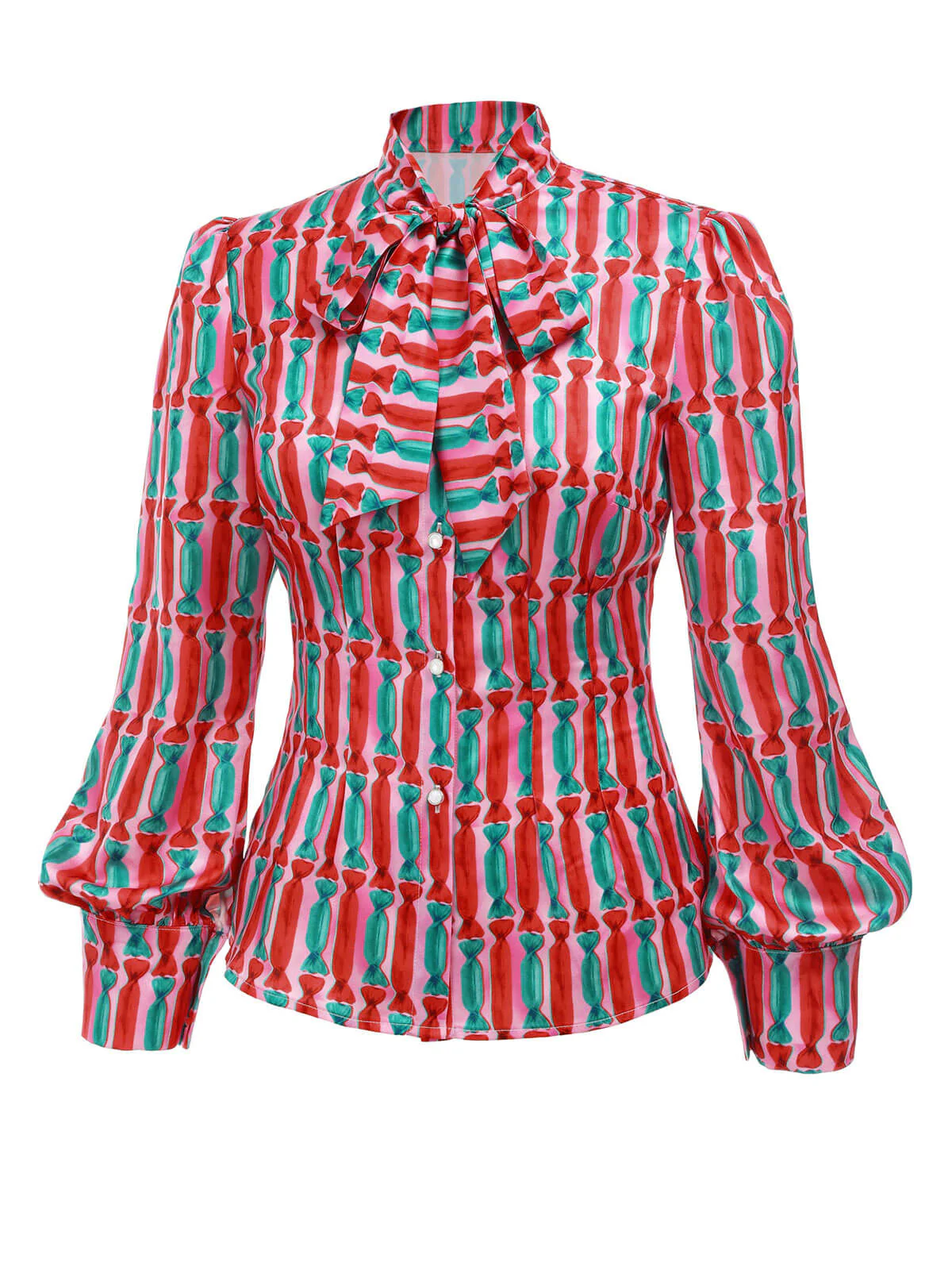 Rosa 1950er Süssigkeit Bindekragen Tasten Bluse - Image 2
