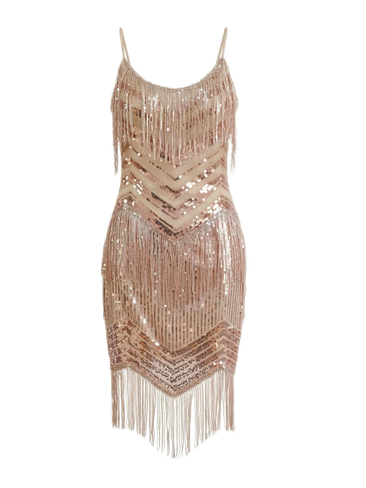 Champagner 1920er Spaghetti Träger Fransen Pailletten Kleid